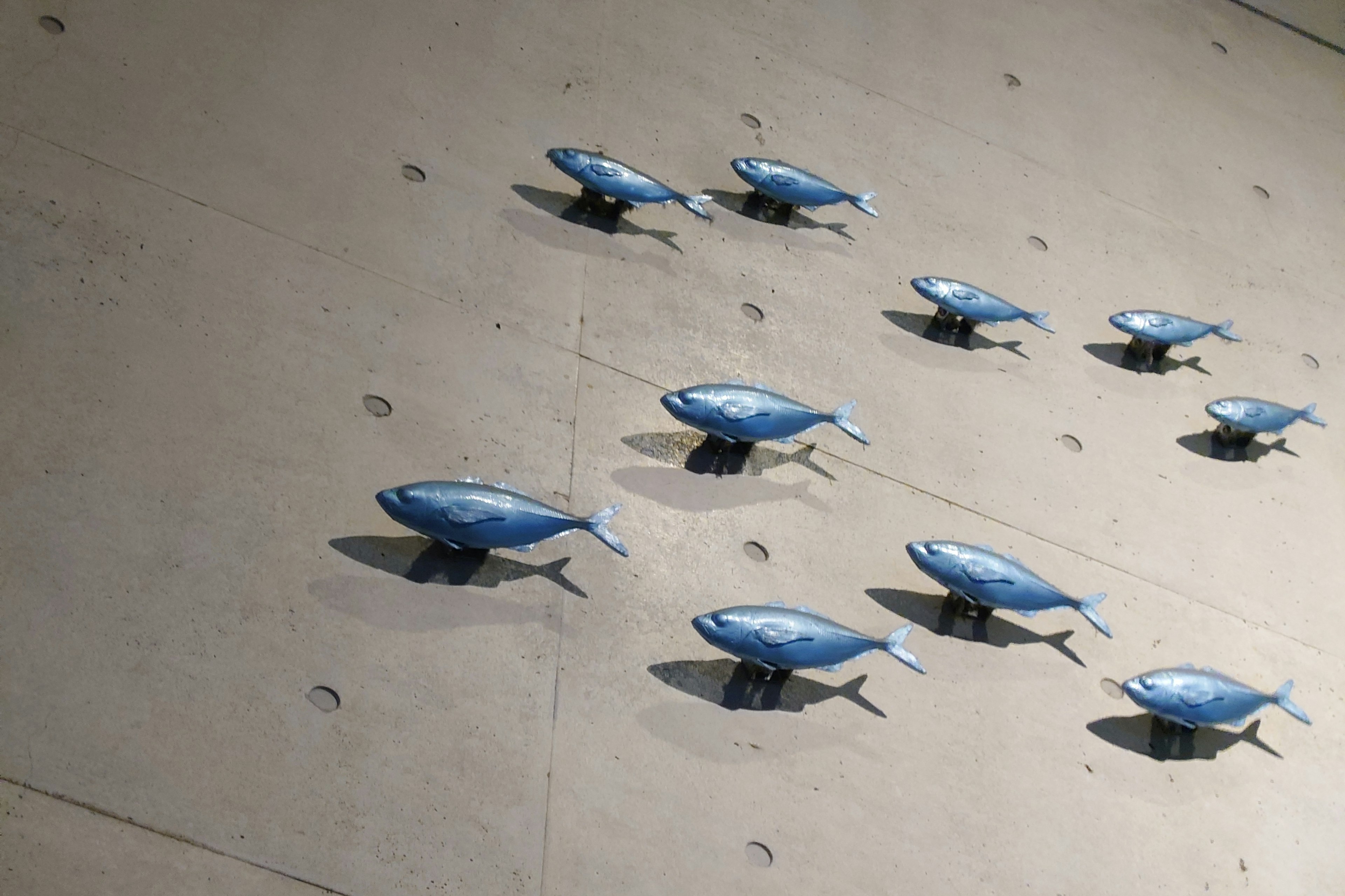 Esculturas de peces azules dispuestas a lo largo de una pared en una instalación artística