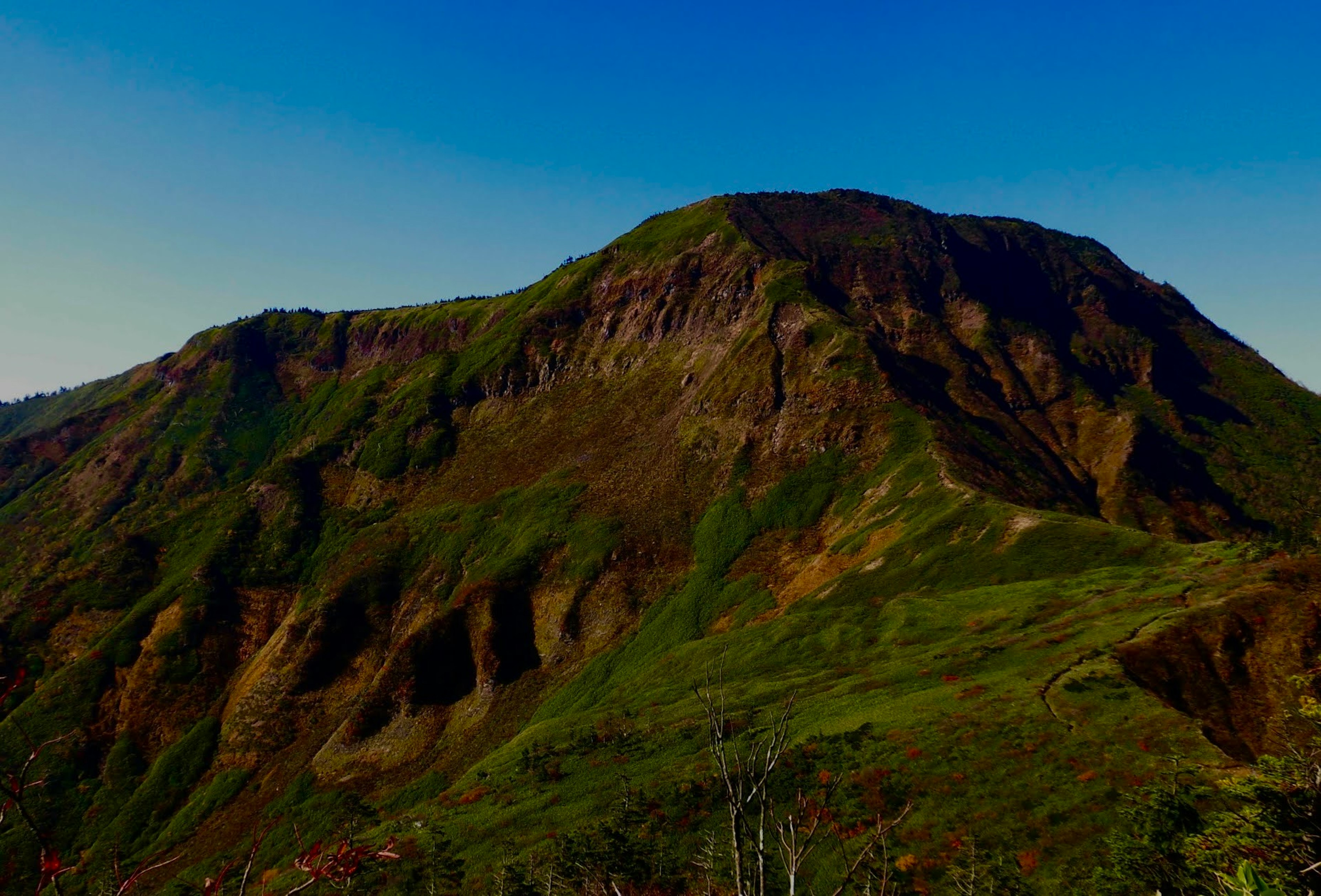 Üppige grüne Berglandschaft unter einem hellblauen Himmel