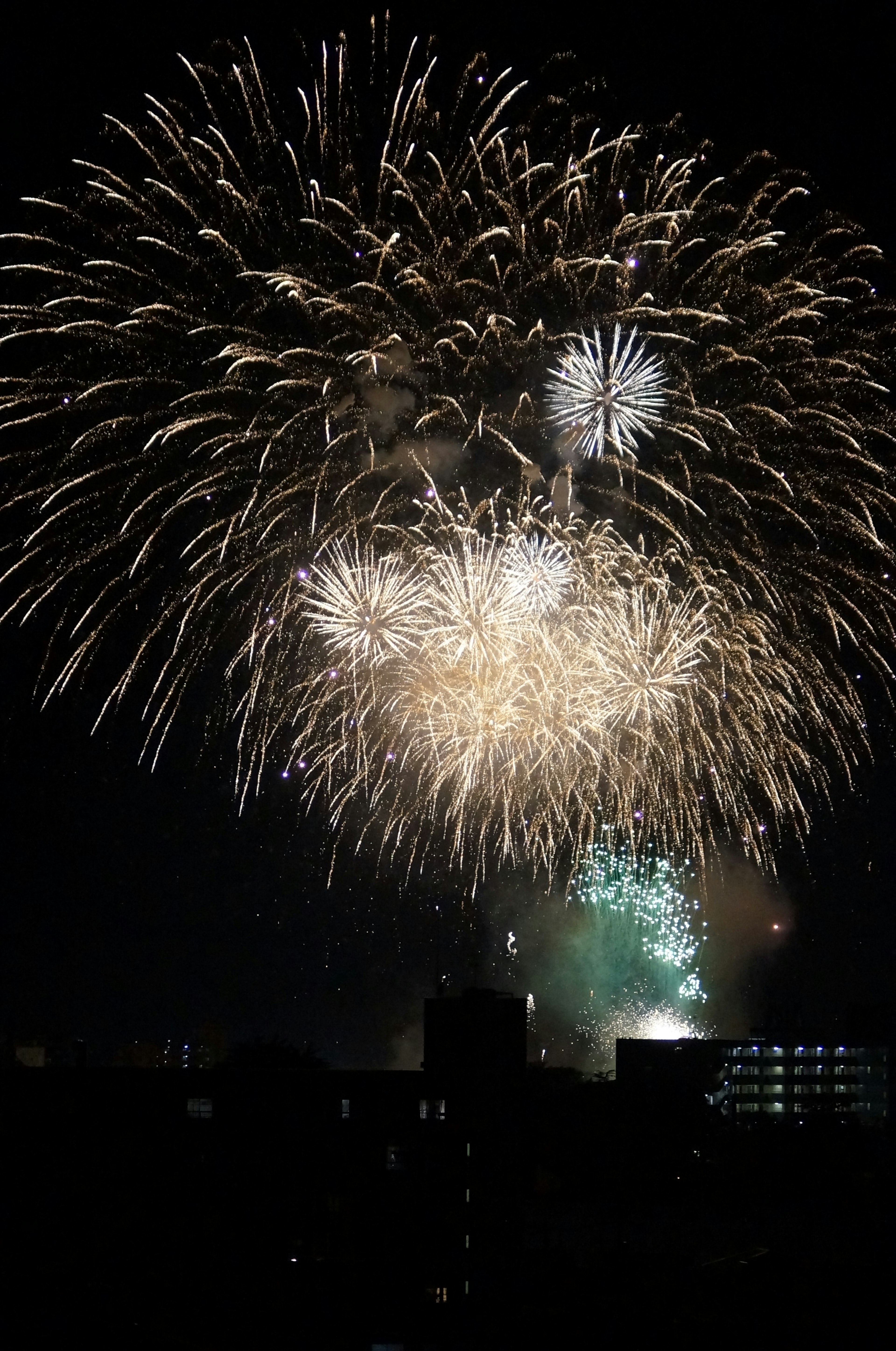 夜空中絢麗的煙火表演，閃爍的金色和綠色火花