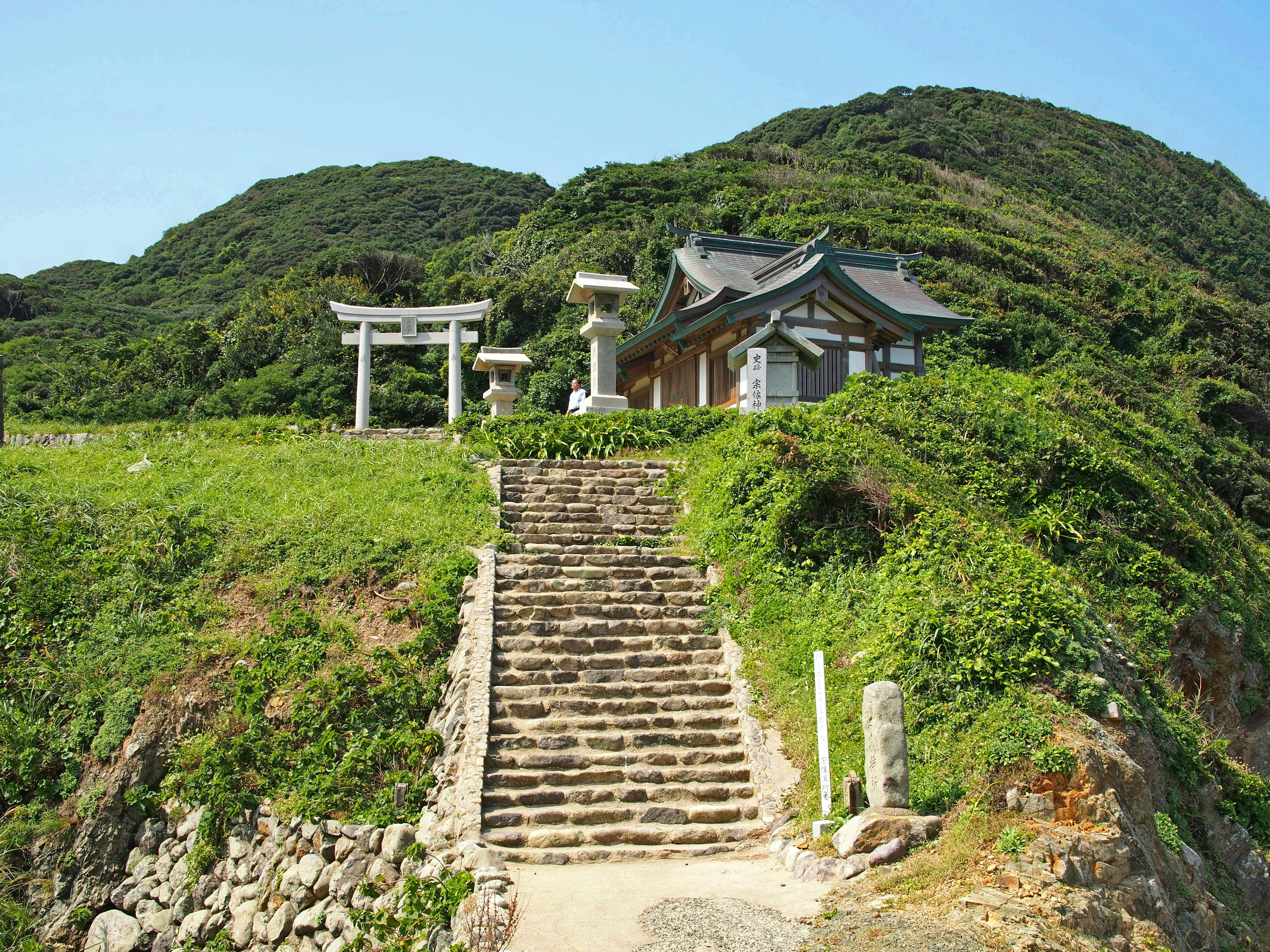 Vista escénica de un santuario con escaleras y un torii en una colina verde