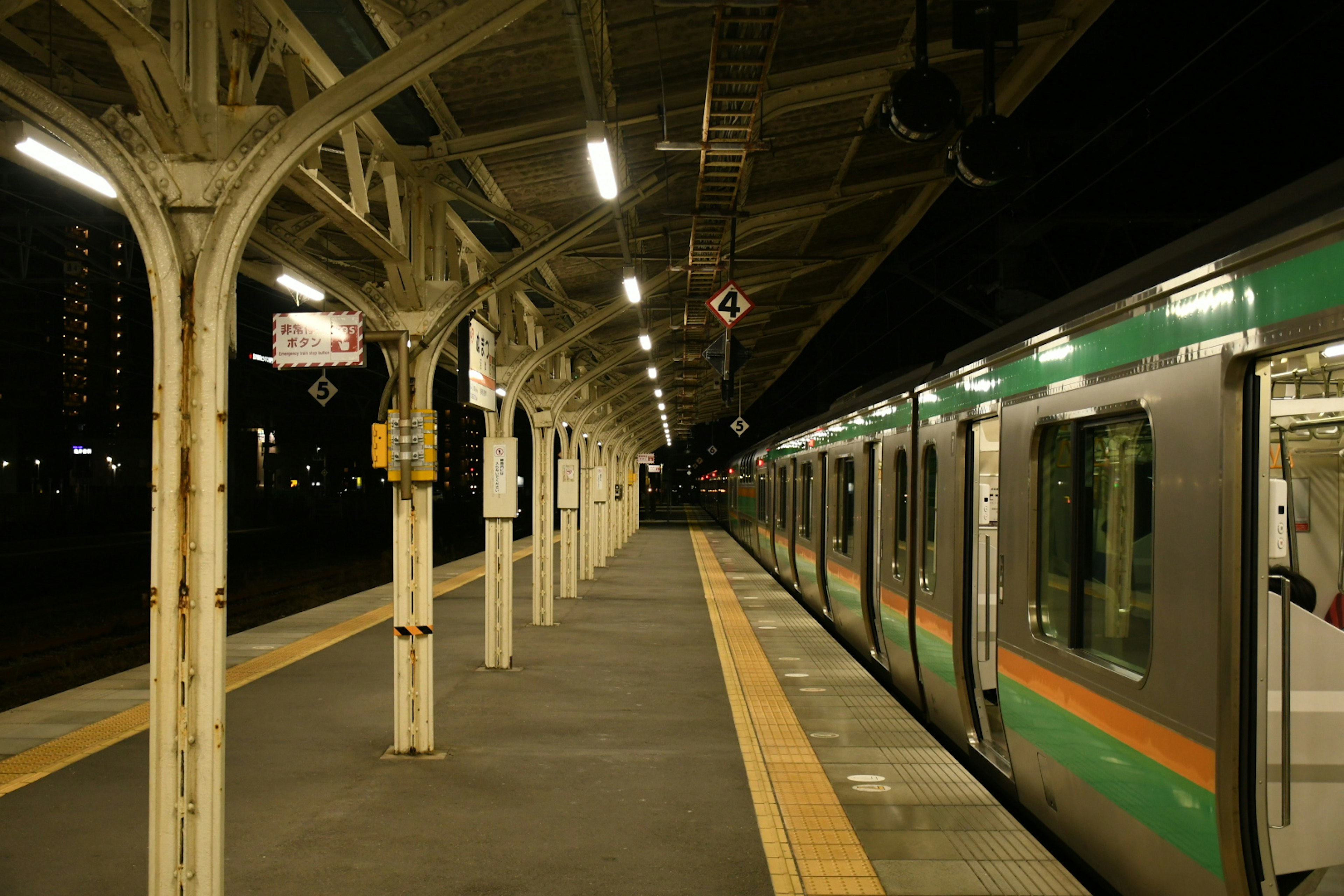 Train on a platform at night with overhead lighting