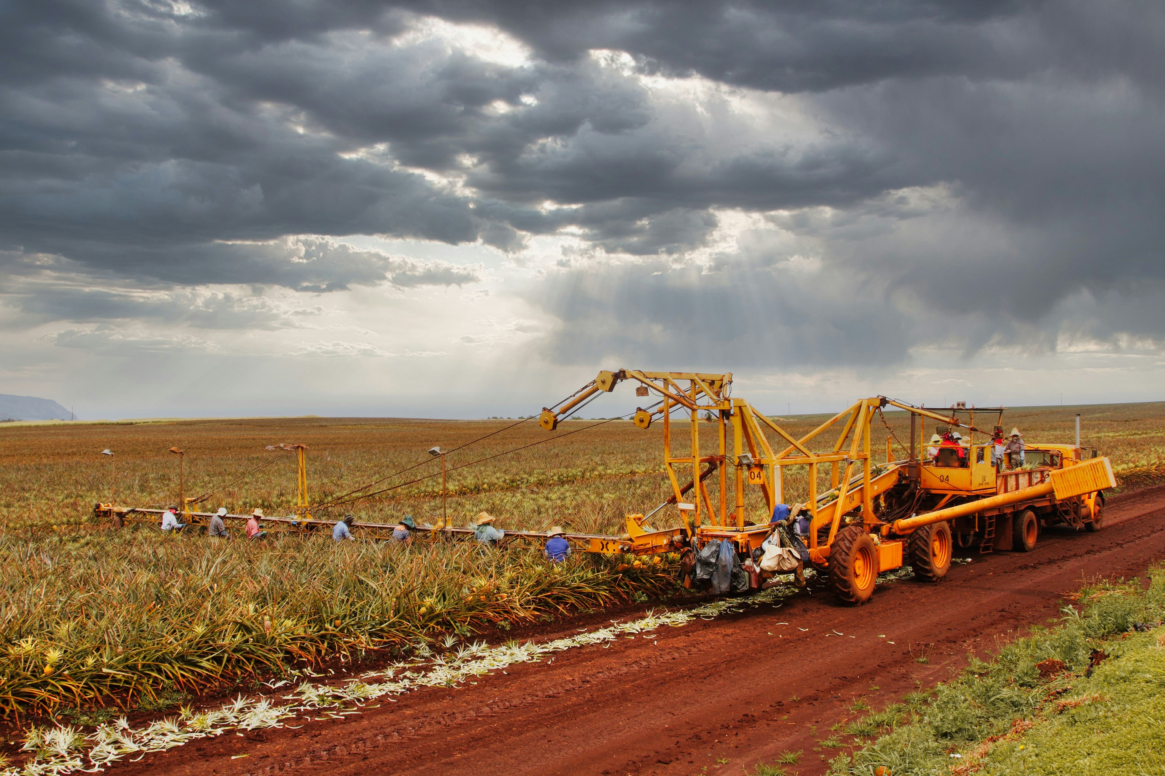 Maquinaria agrícola trabajando en un campo con cielo nublado