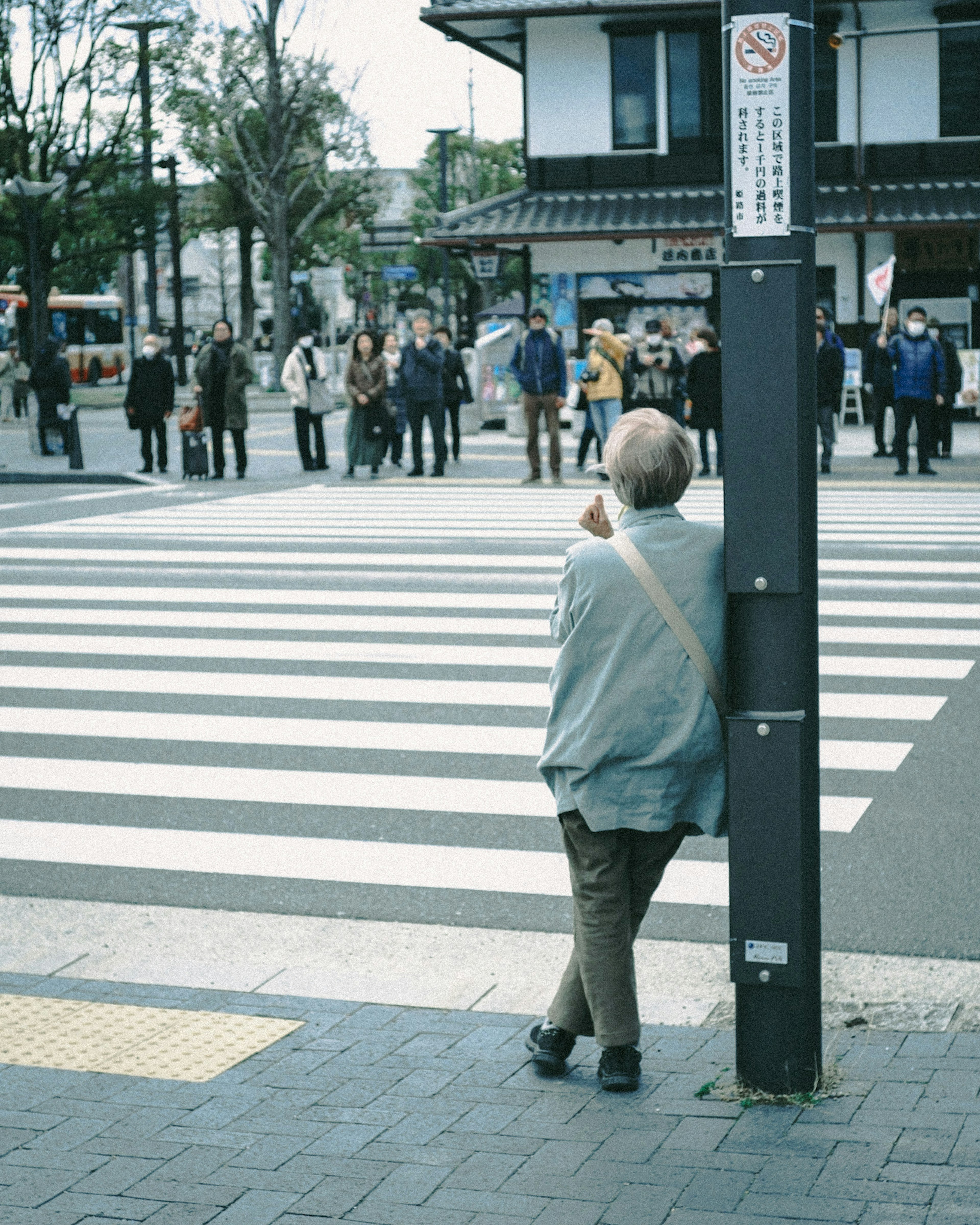 交差点で信号を待つ高齢者と周囲の人々