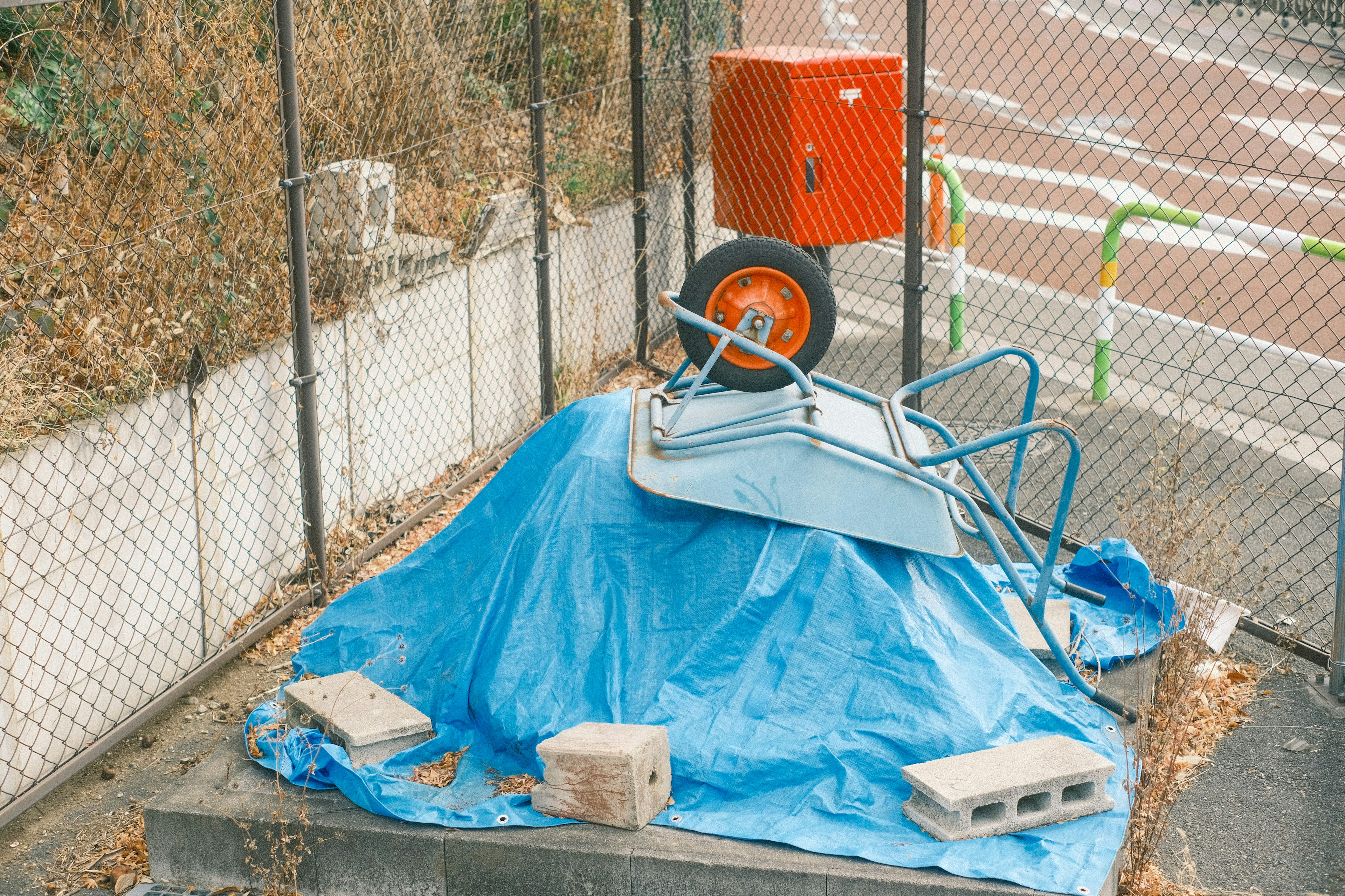 A wheelbarrow covered with a blue tarp and concrete blocks in a fenced area