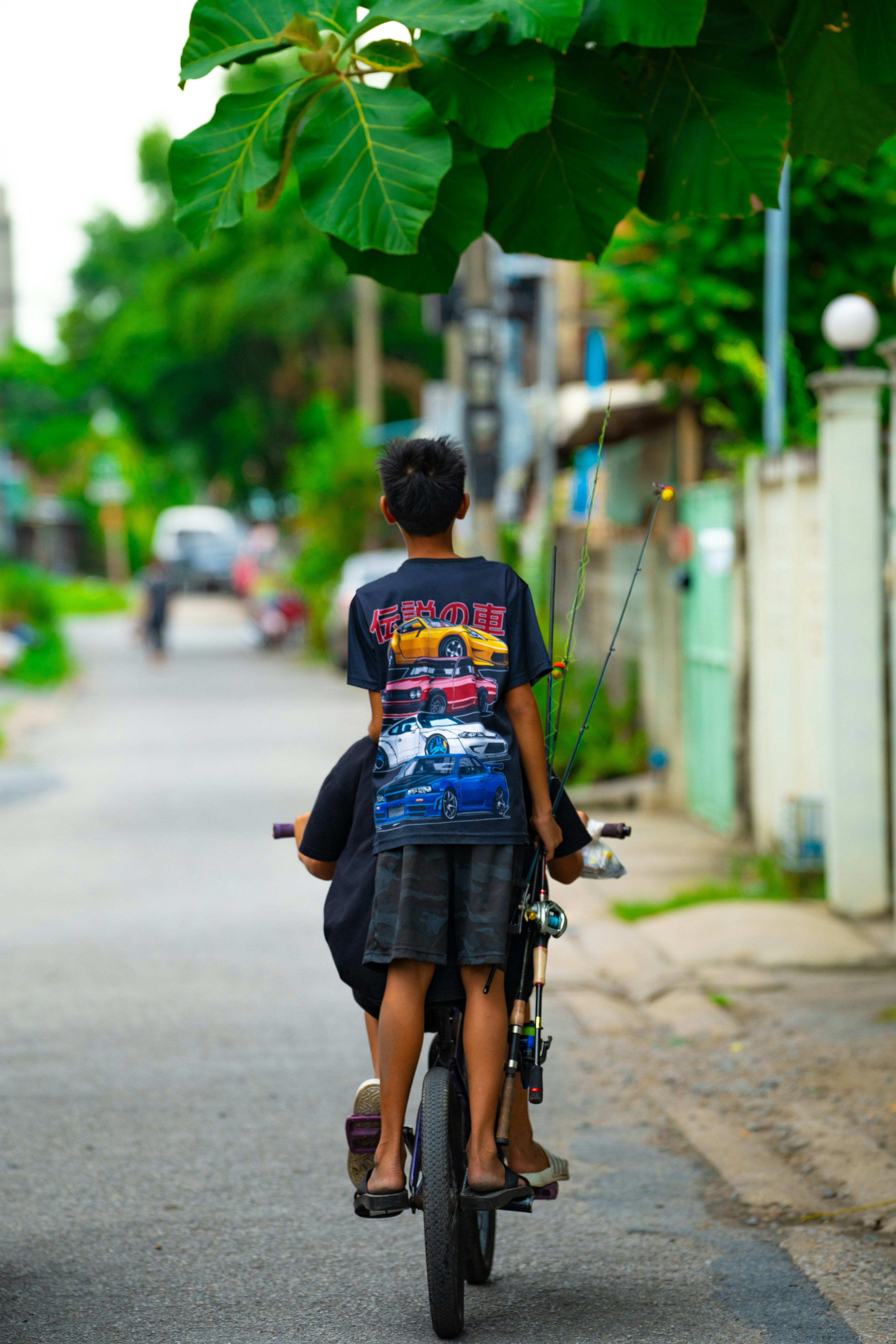 自転車に乗る子供の後ろ姿 植物が周囲に広がる静かな通り