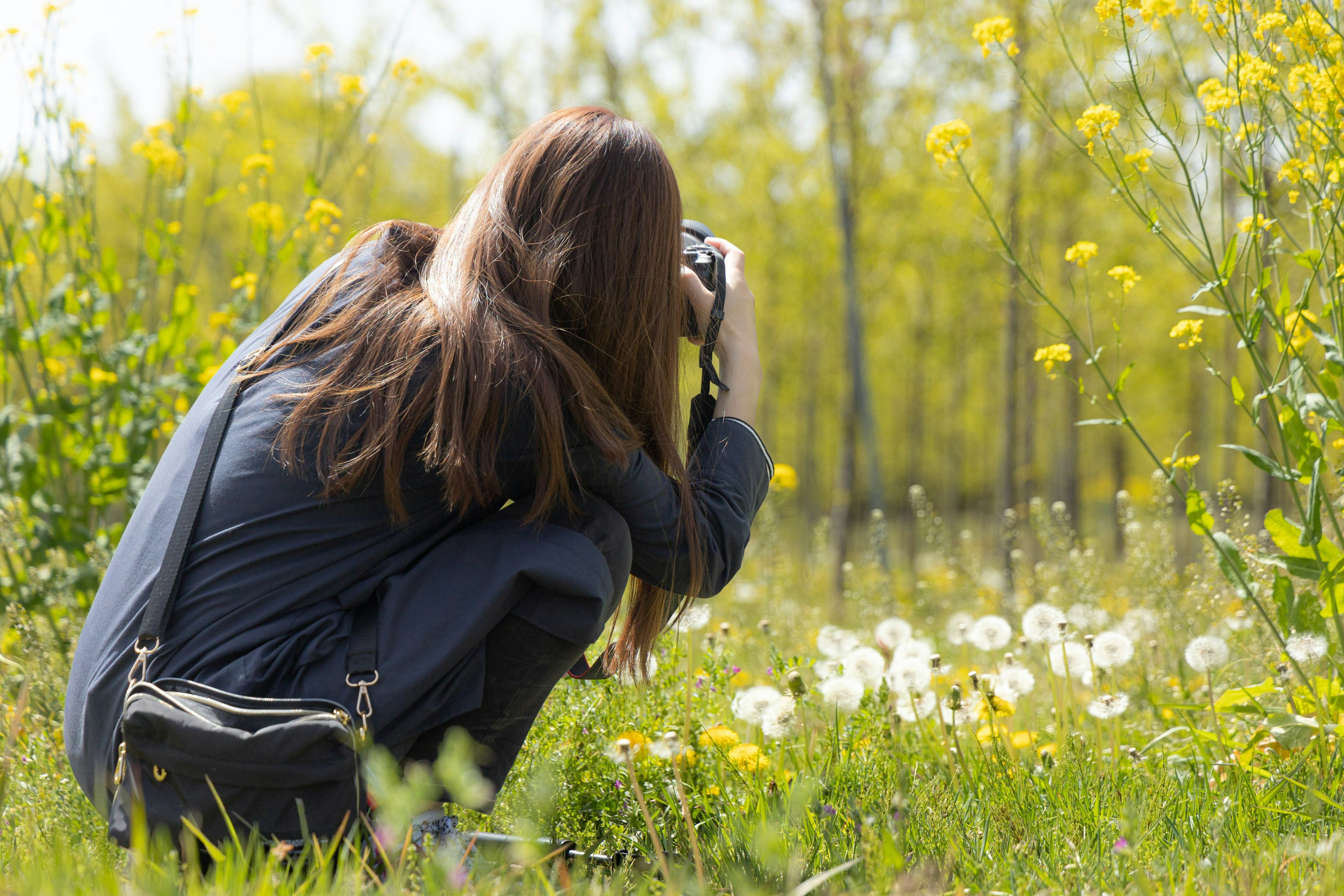 Une femme prenant des photos de fleurs dans un champ vibrant