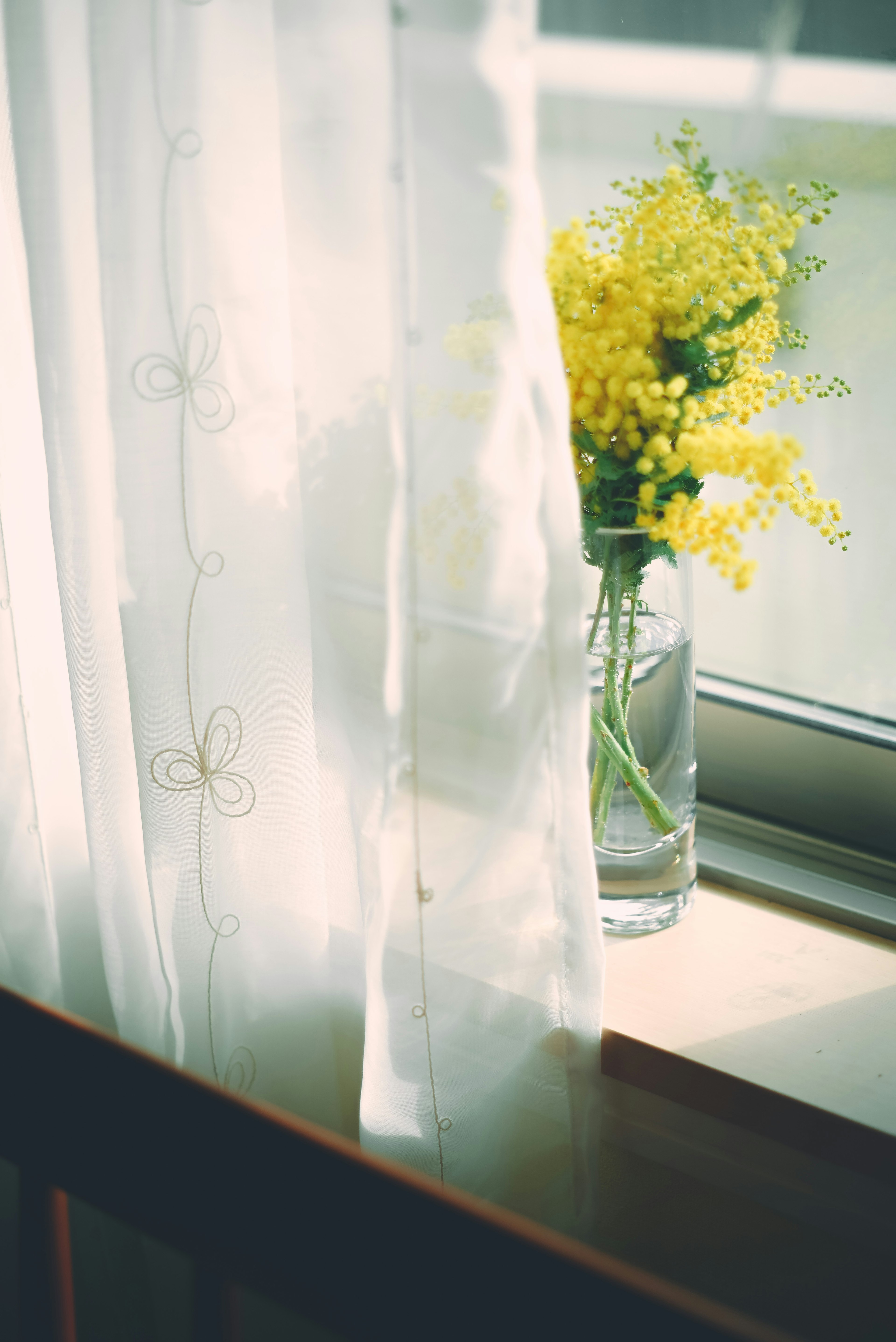 Ein heller Fensterbrett mit durchsichtigen weißen Vorhängen und einer Vase mit gelben Blumen