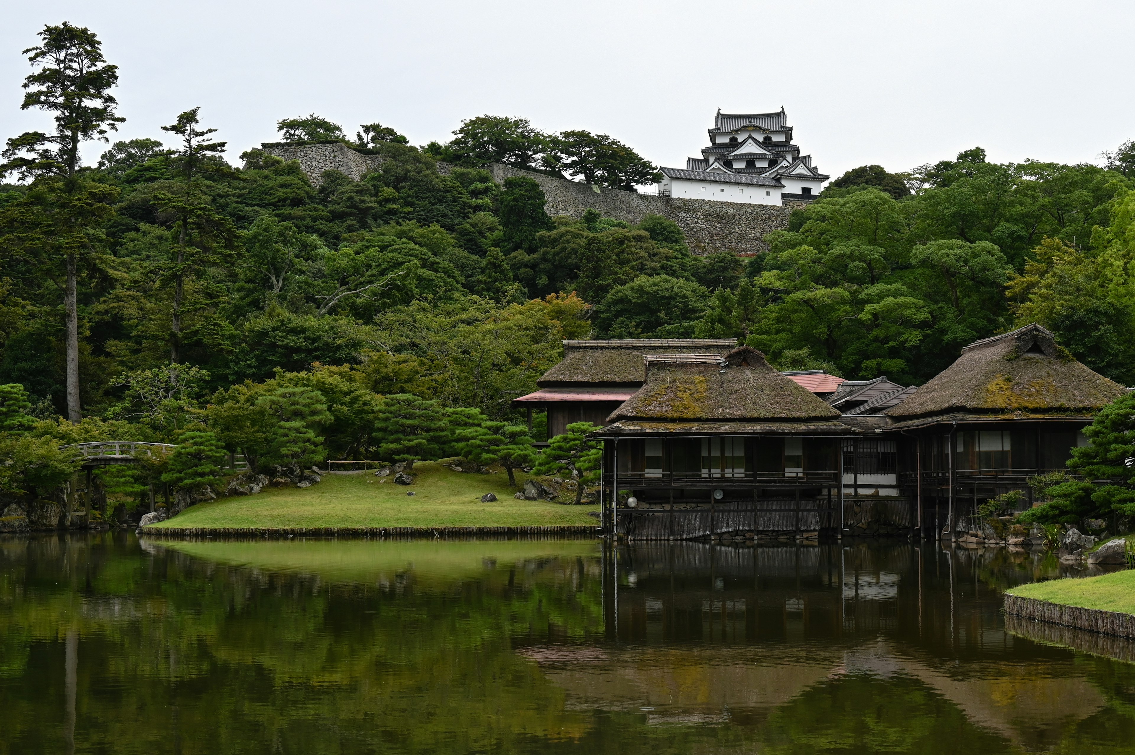 庭園と池の風景に囲まれた伝統的な日本家屋と城の景観