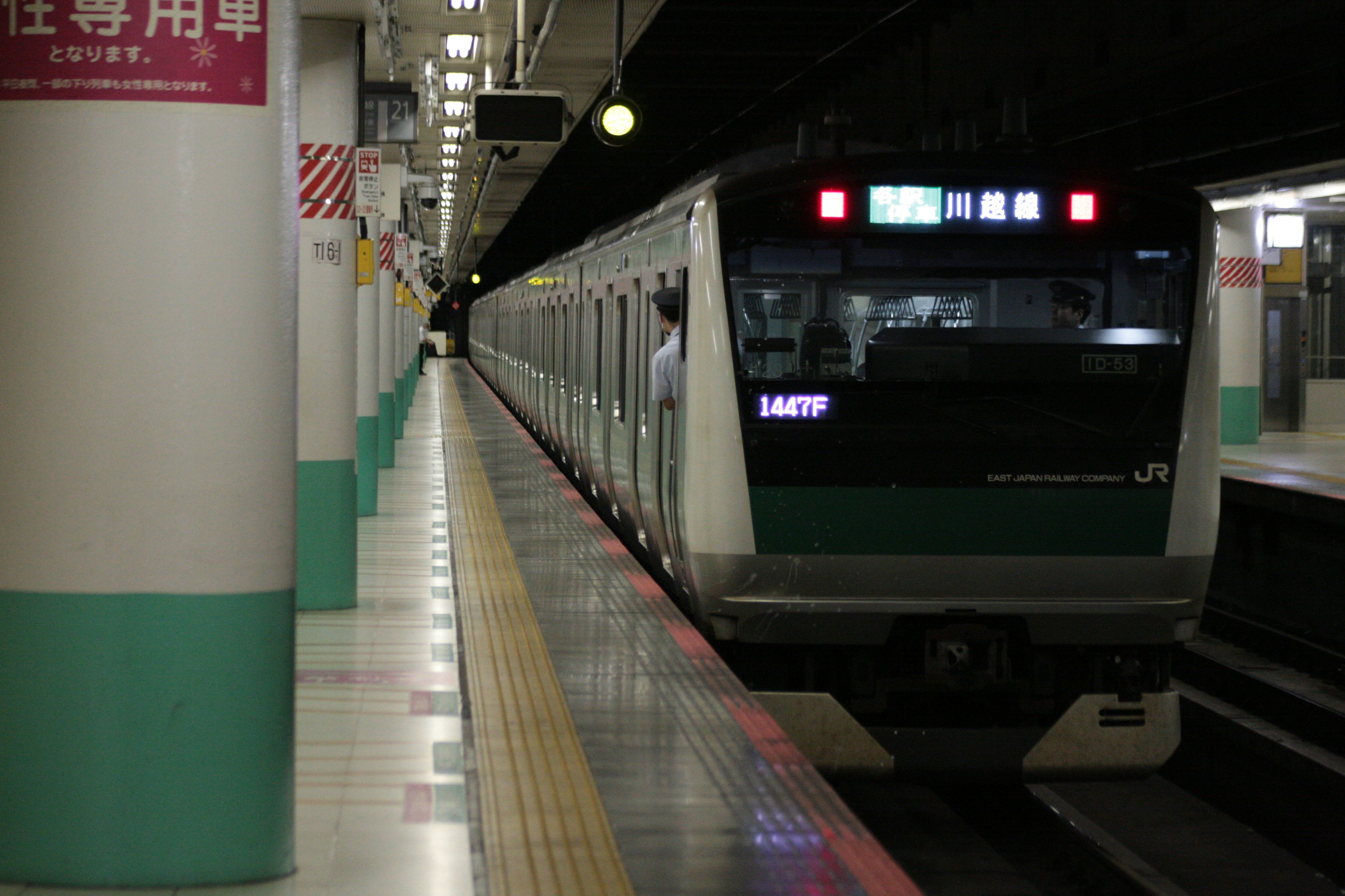 地下鉄駅のプラットフォームに停車中の電車