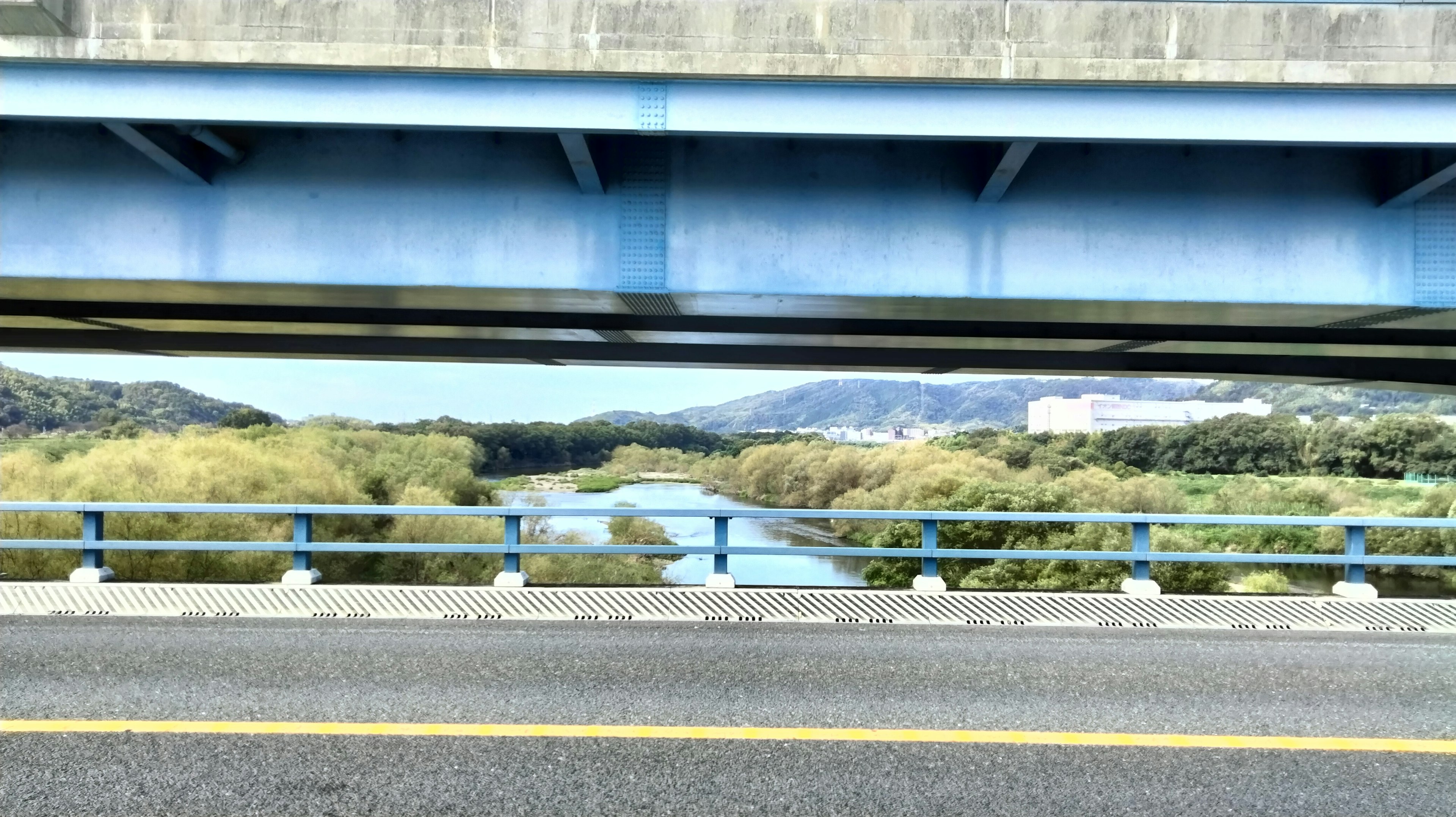 Blick auf einen Fluss und Grünflächen von unter einer Brücke