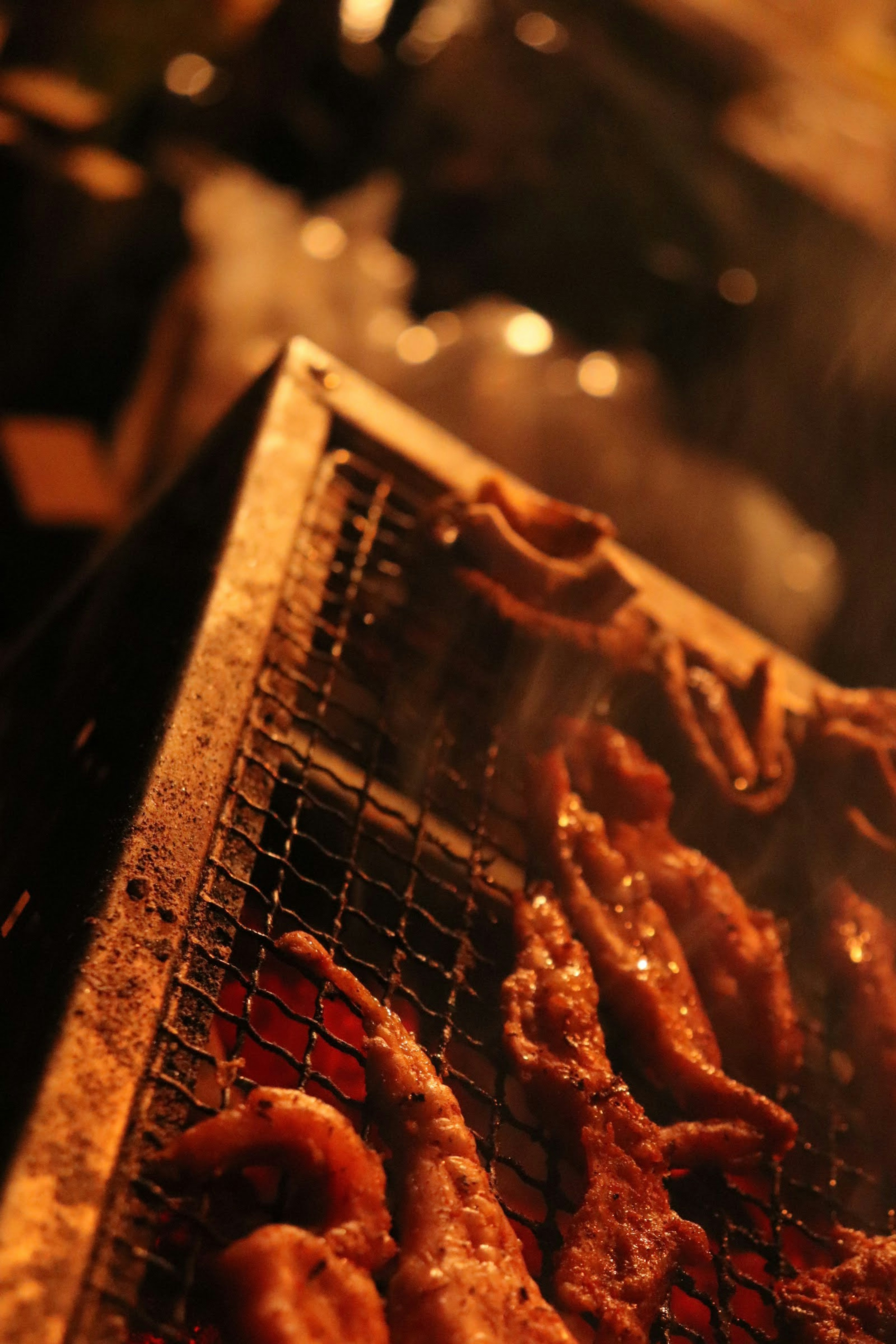 Close-up of grilled meat on a barbecue with smoke rising