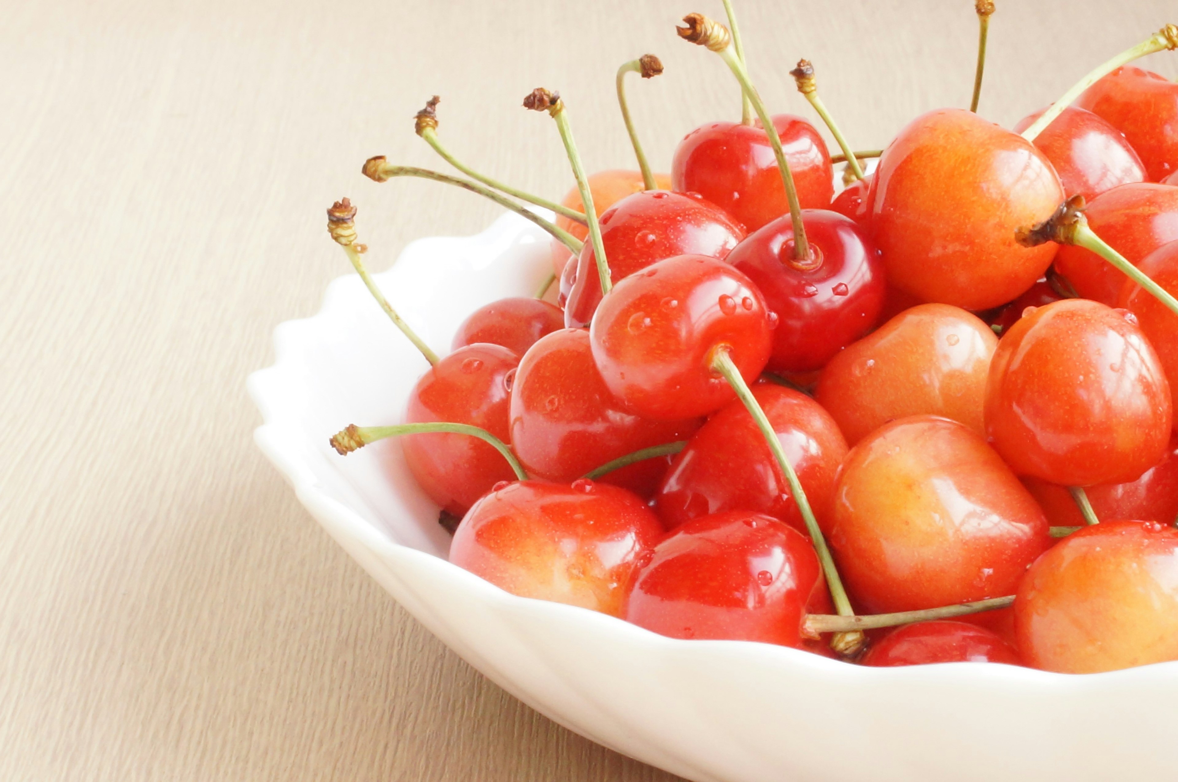 Red cherries in a white bowl