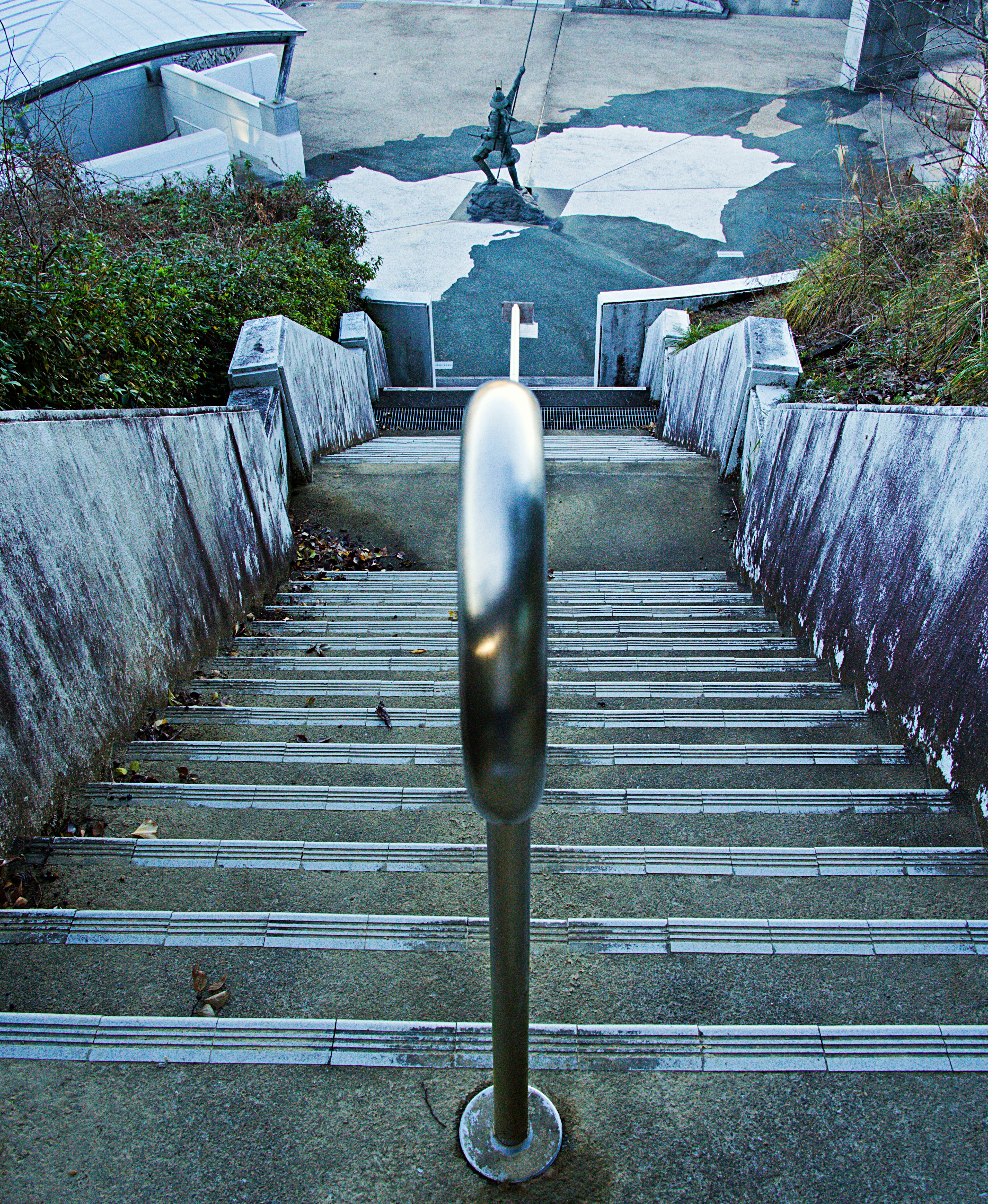 Blick nach unten auf eine Treppe mit Metallgeländer und Grünpflanzen an den Seiten