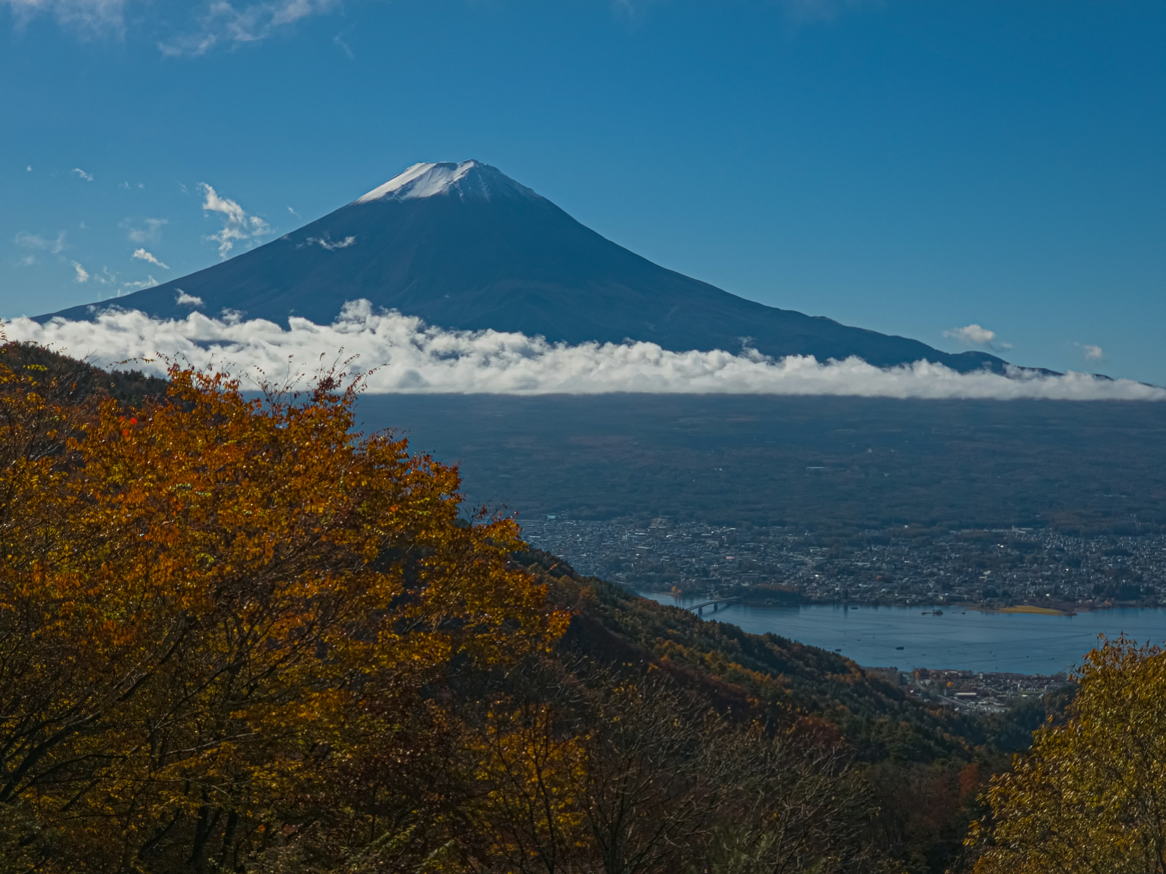 Vista panoramica del monte Fuji con foglie autunnali