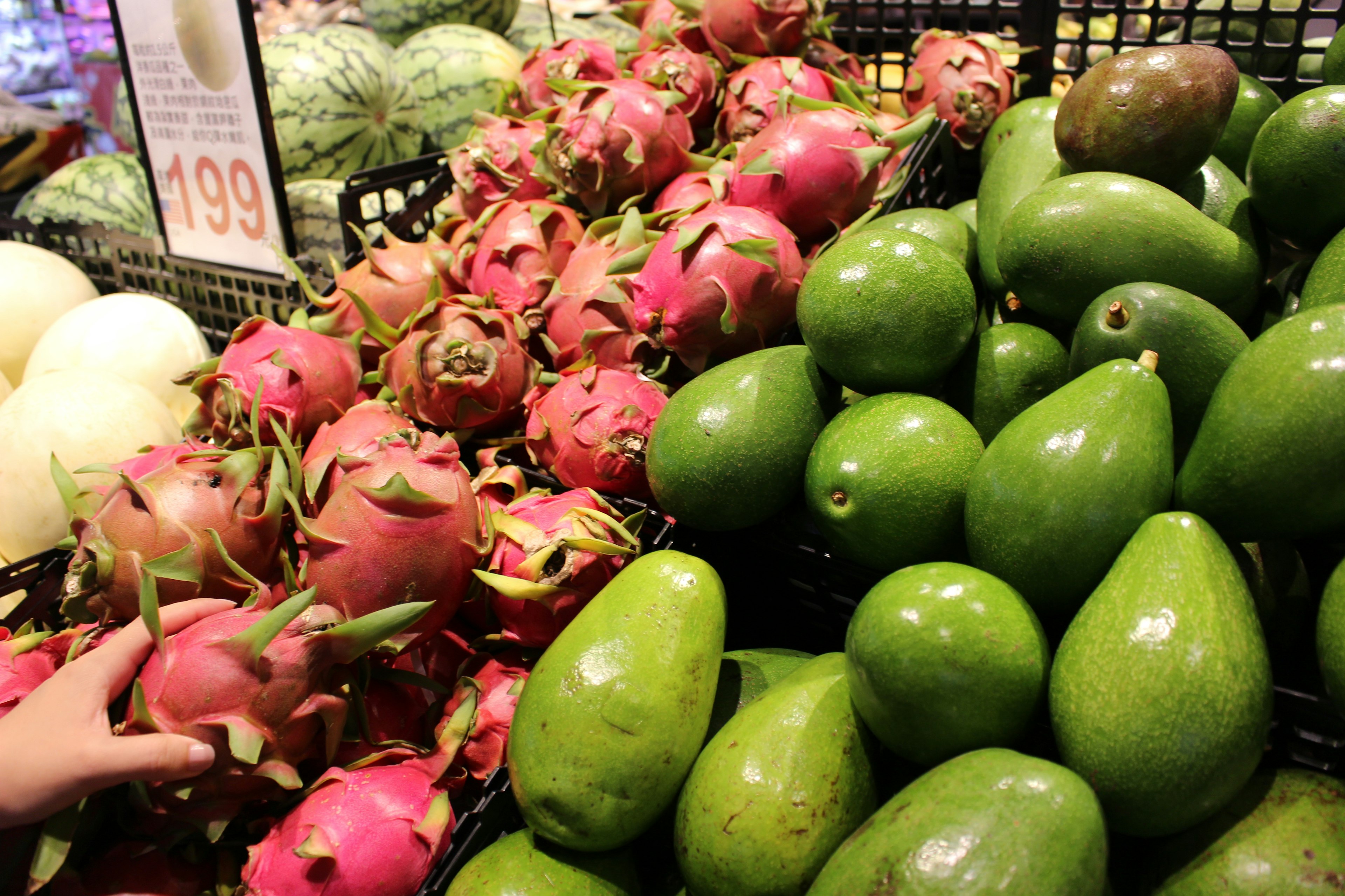 Fruits du dragon et avocats colorés exposés dans un marché