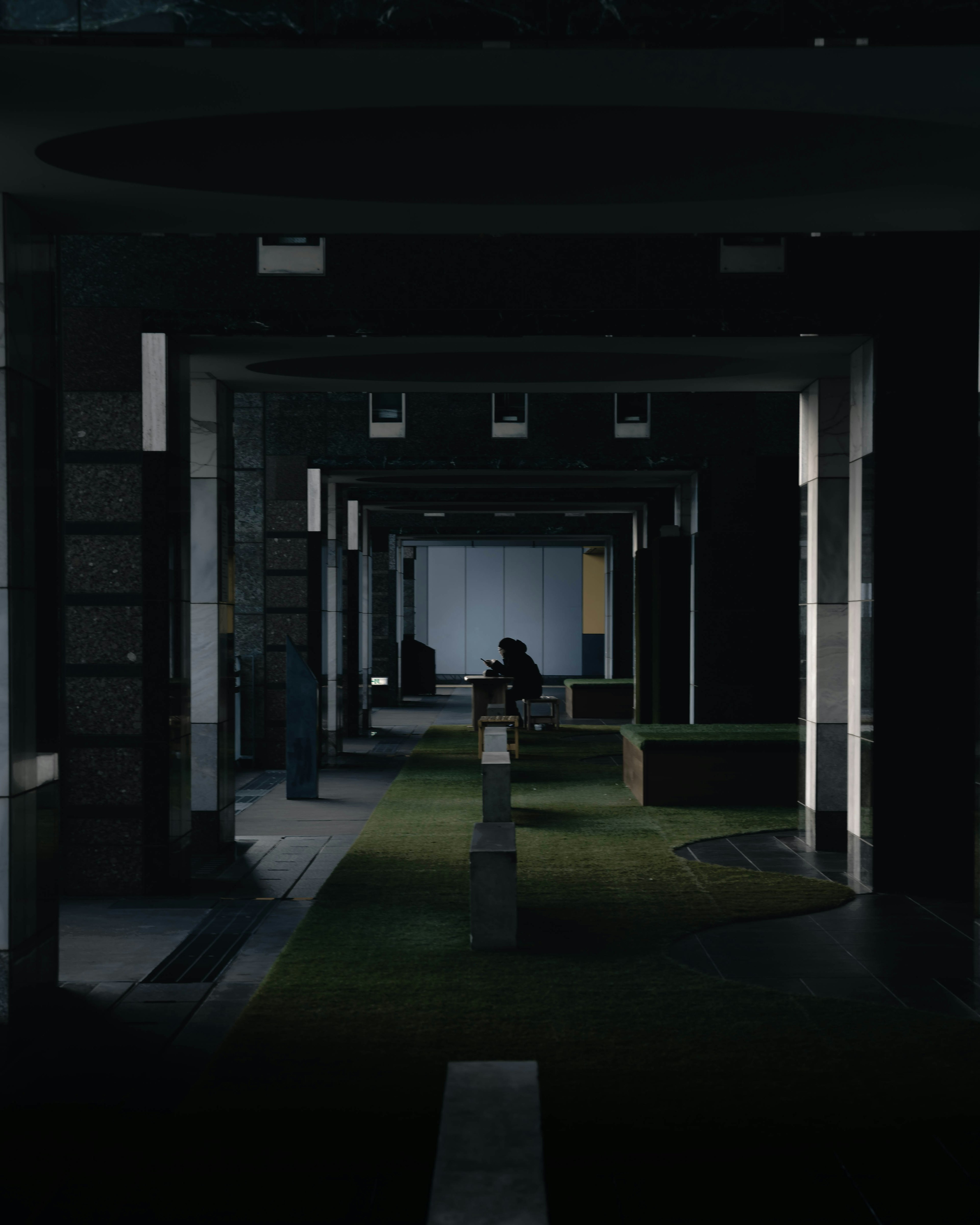 Modern building interior with dark corridor and lighting along green grass