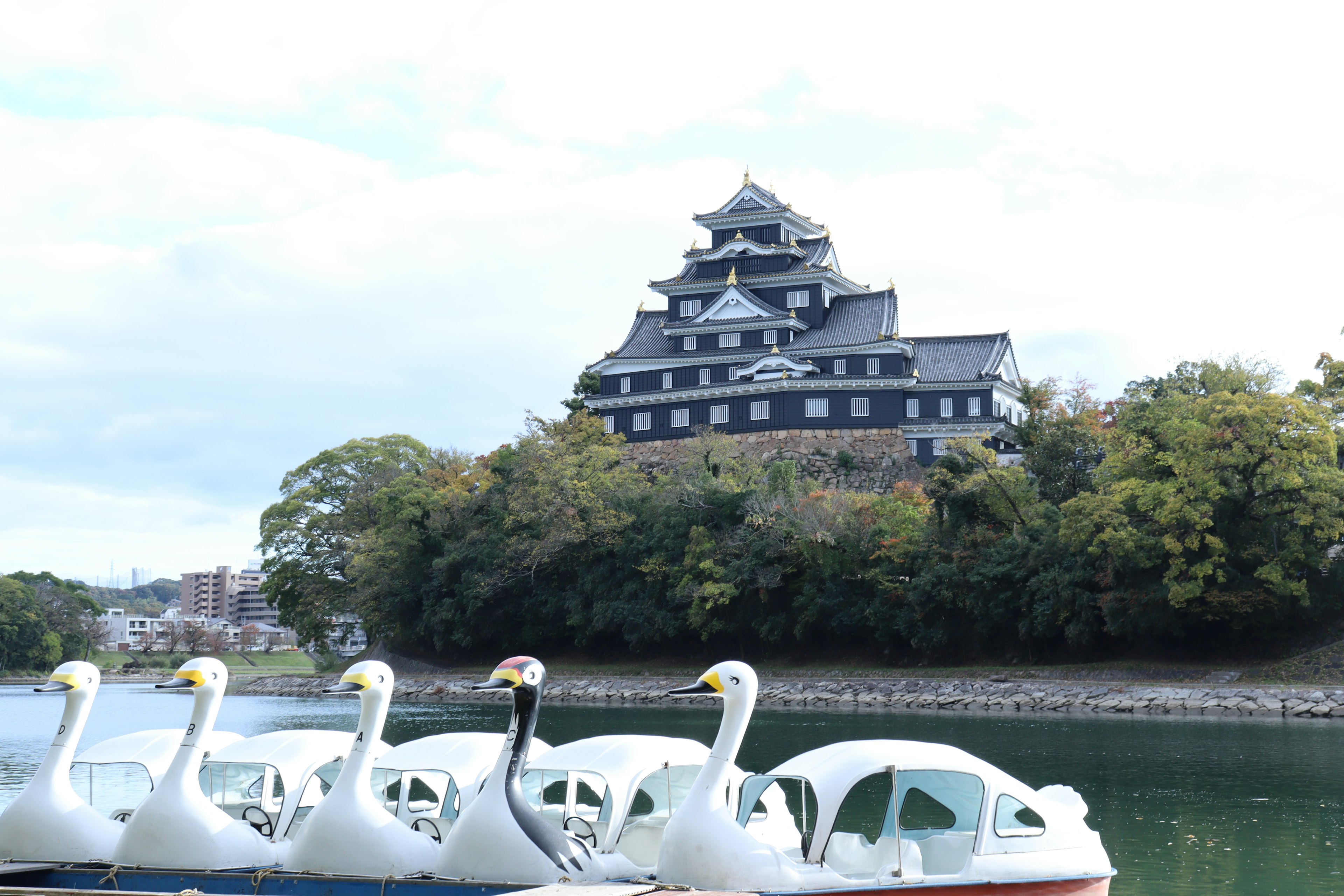 ทิวทัศน์ทะเลสาบที่มีปราสาทสีดำและเรือหงส์