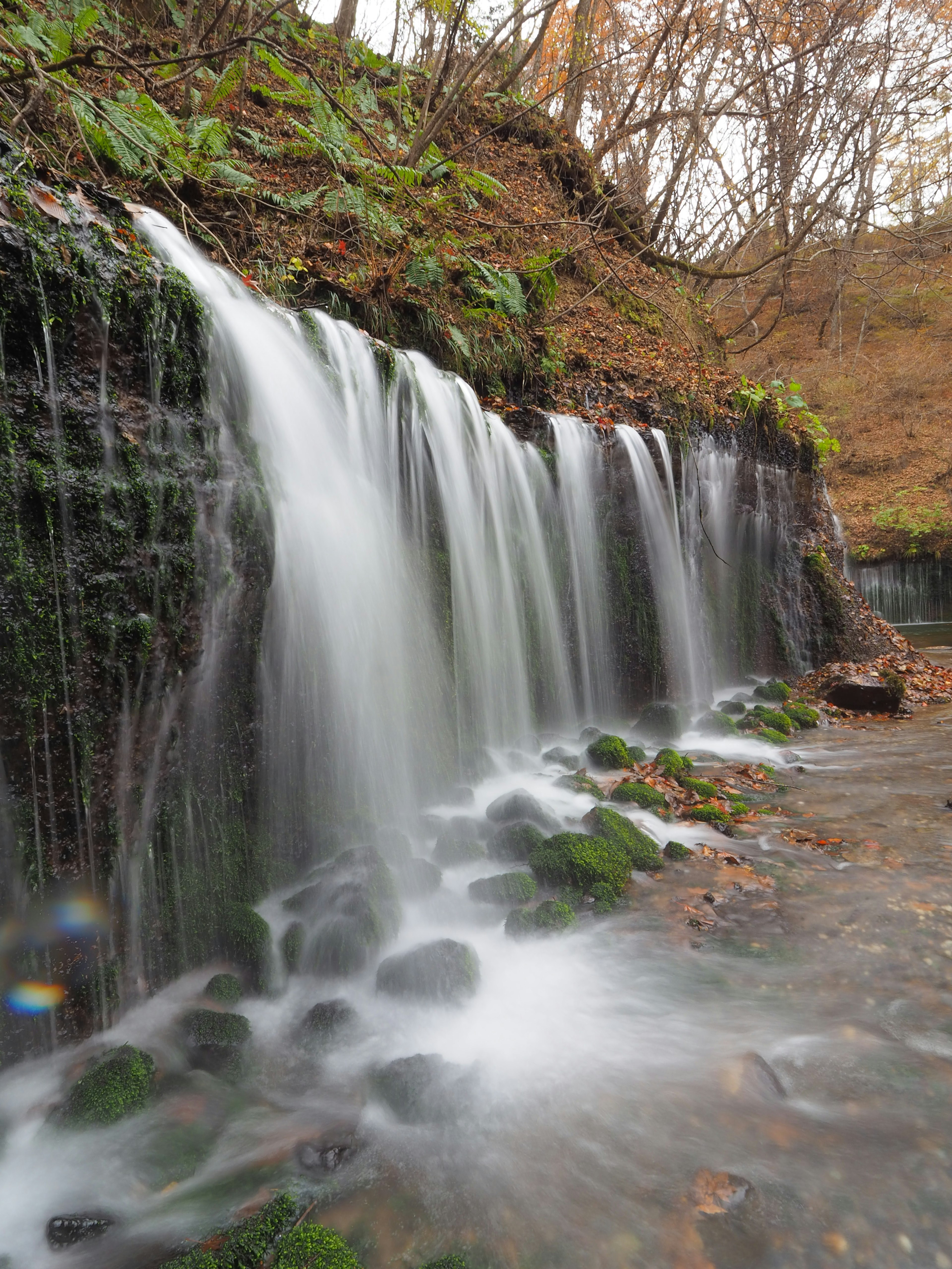 Ein kleiner Wasserfall, der über moosbedeckte Felsen in einer ruhigen Naturlandschaft fließt