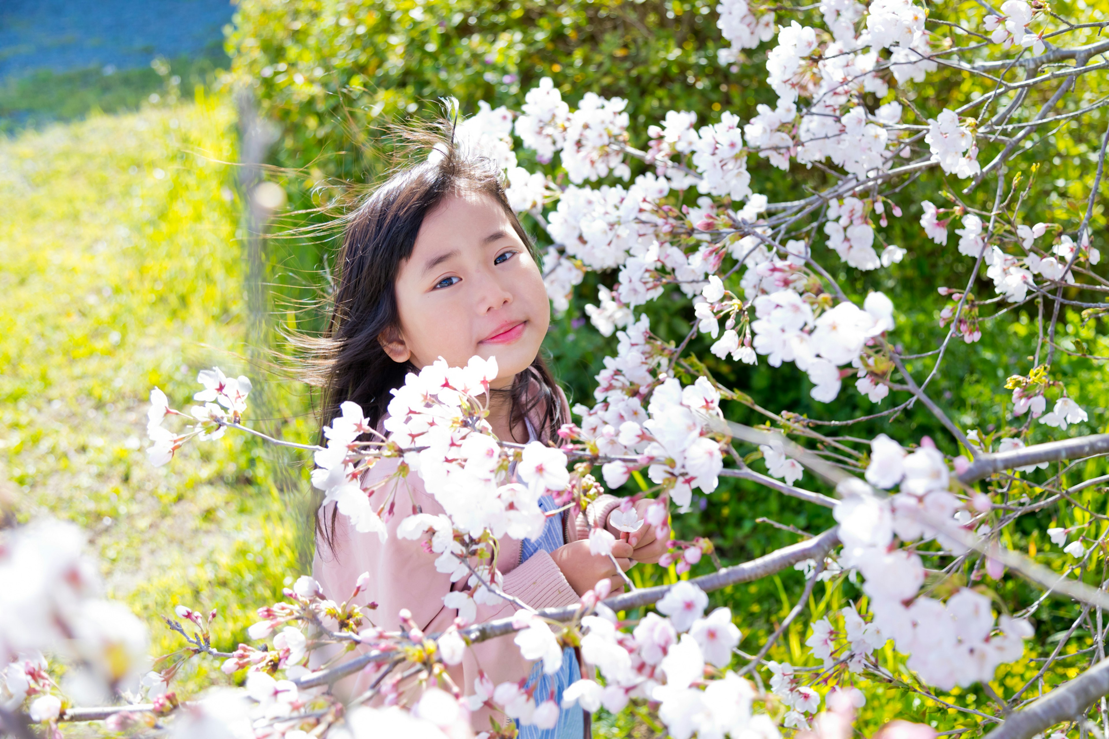 Girl smiling among cherry blossom flowers