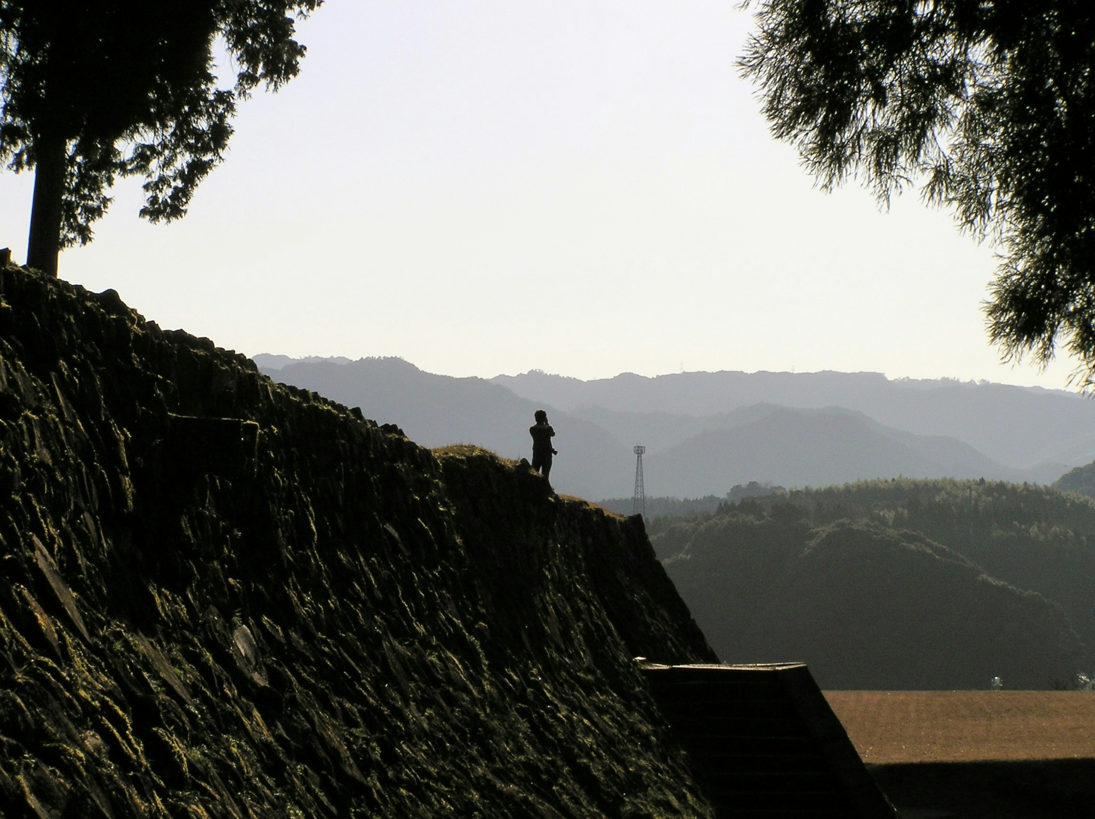 A person standing on a stone wall with mountains in the background