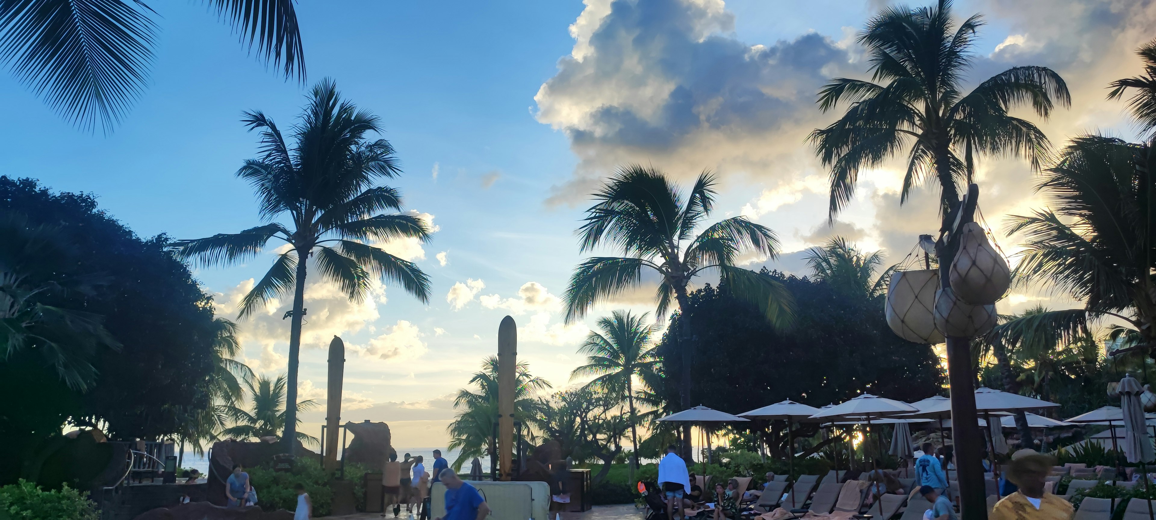 Bellissimo tramonto sulla spiaggia con palme e cielo blu