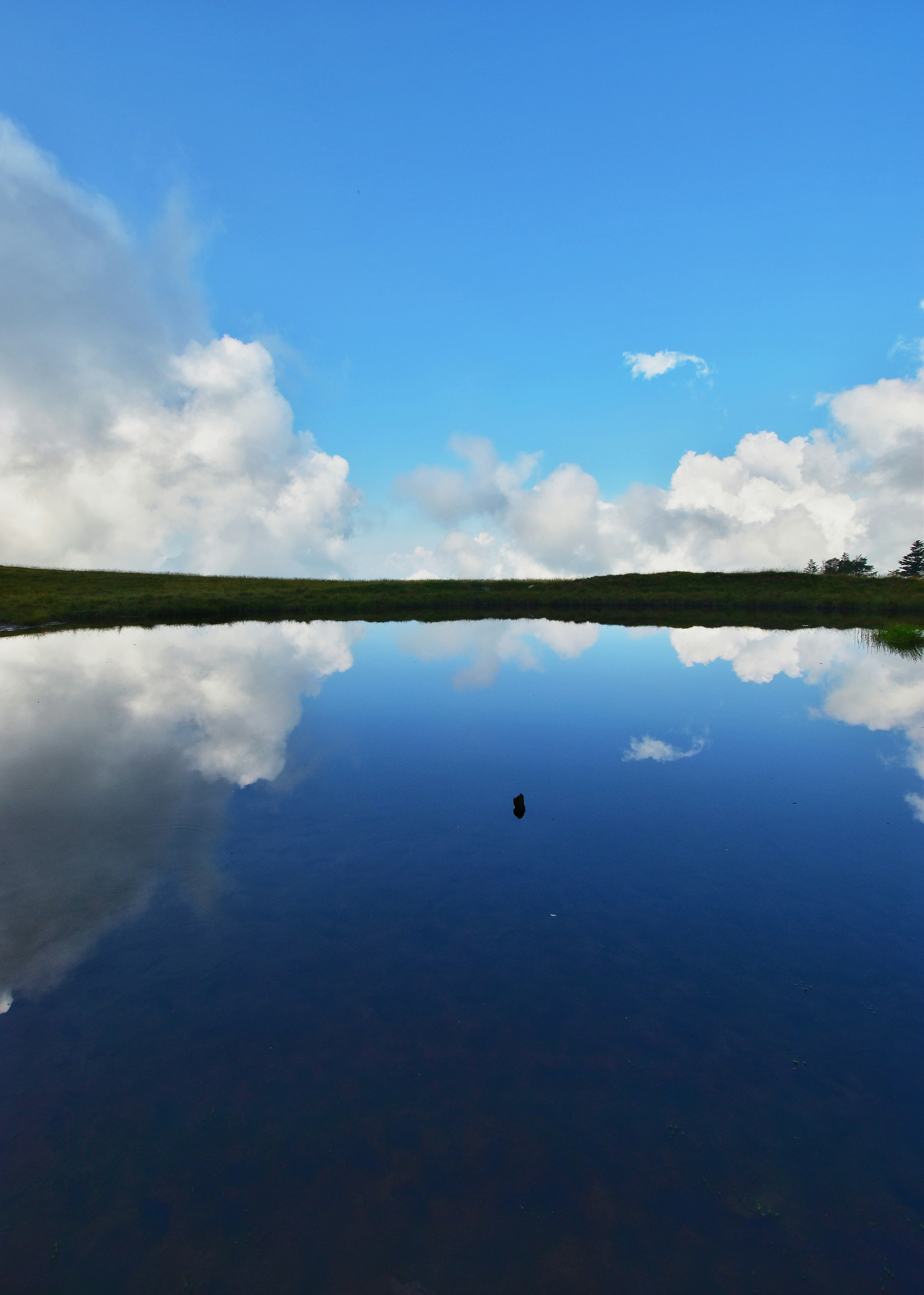 Ruhiger See, der einen klaren blauen Himmel und flauschige Wolken reflektiert