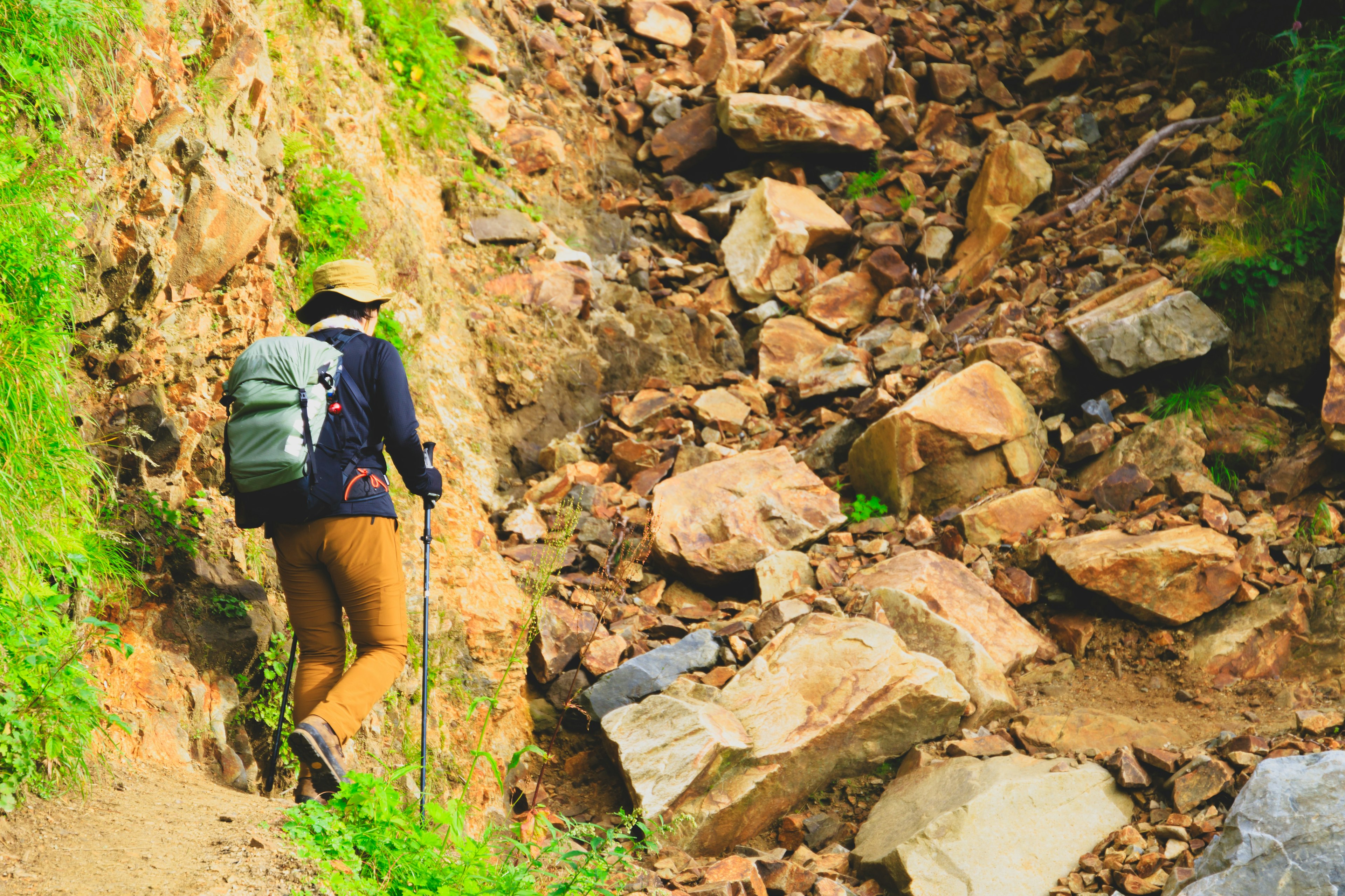 Wanderer, der einen steinigen Weg umgeben von Grün geht