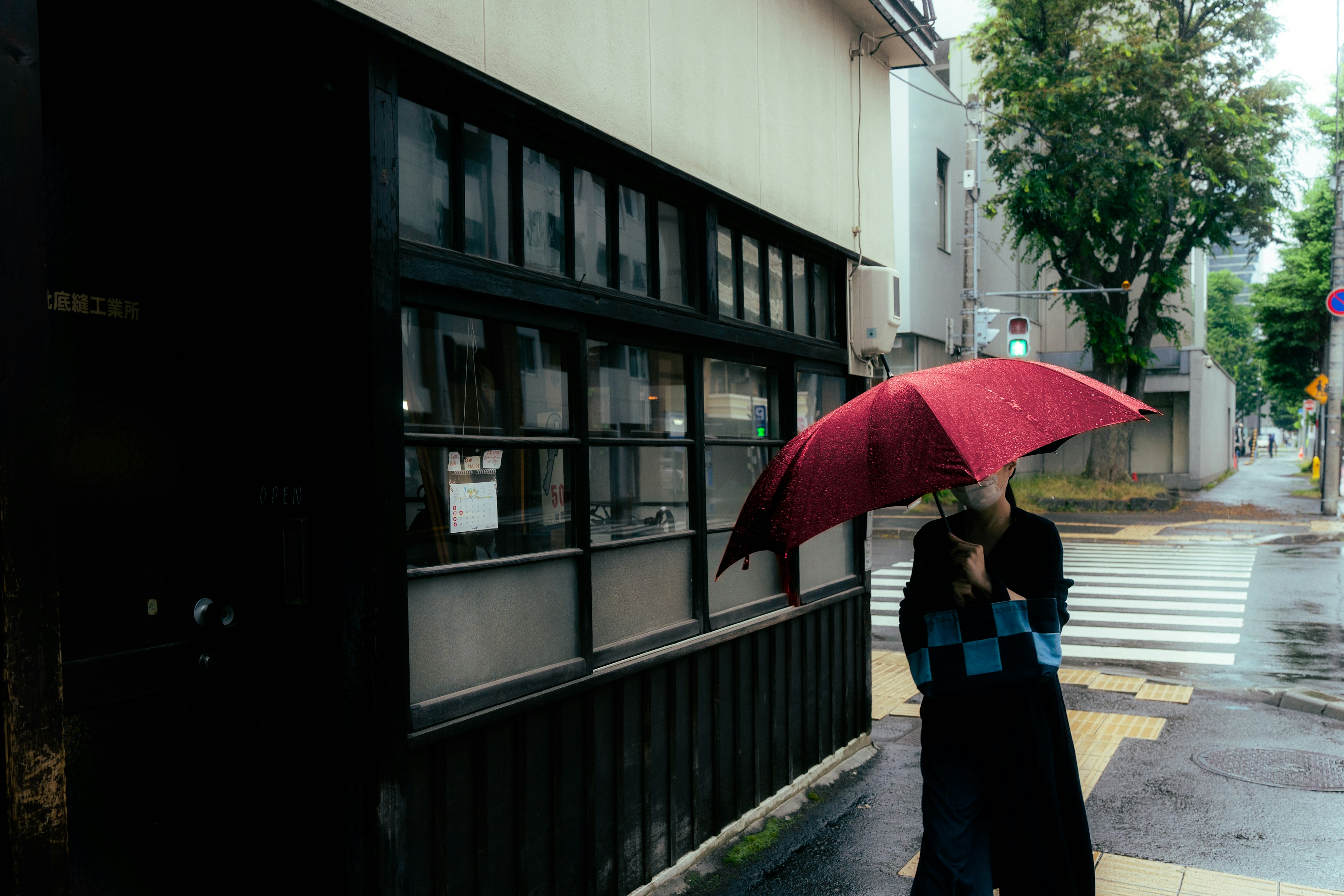 雨の中で赤い傘を持つ女性と黒い服を着た男性が交差点に立つ