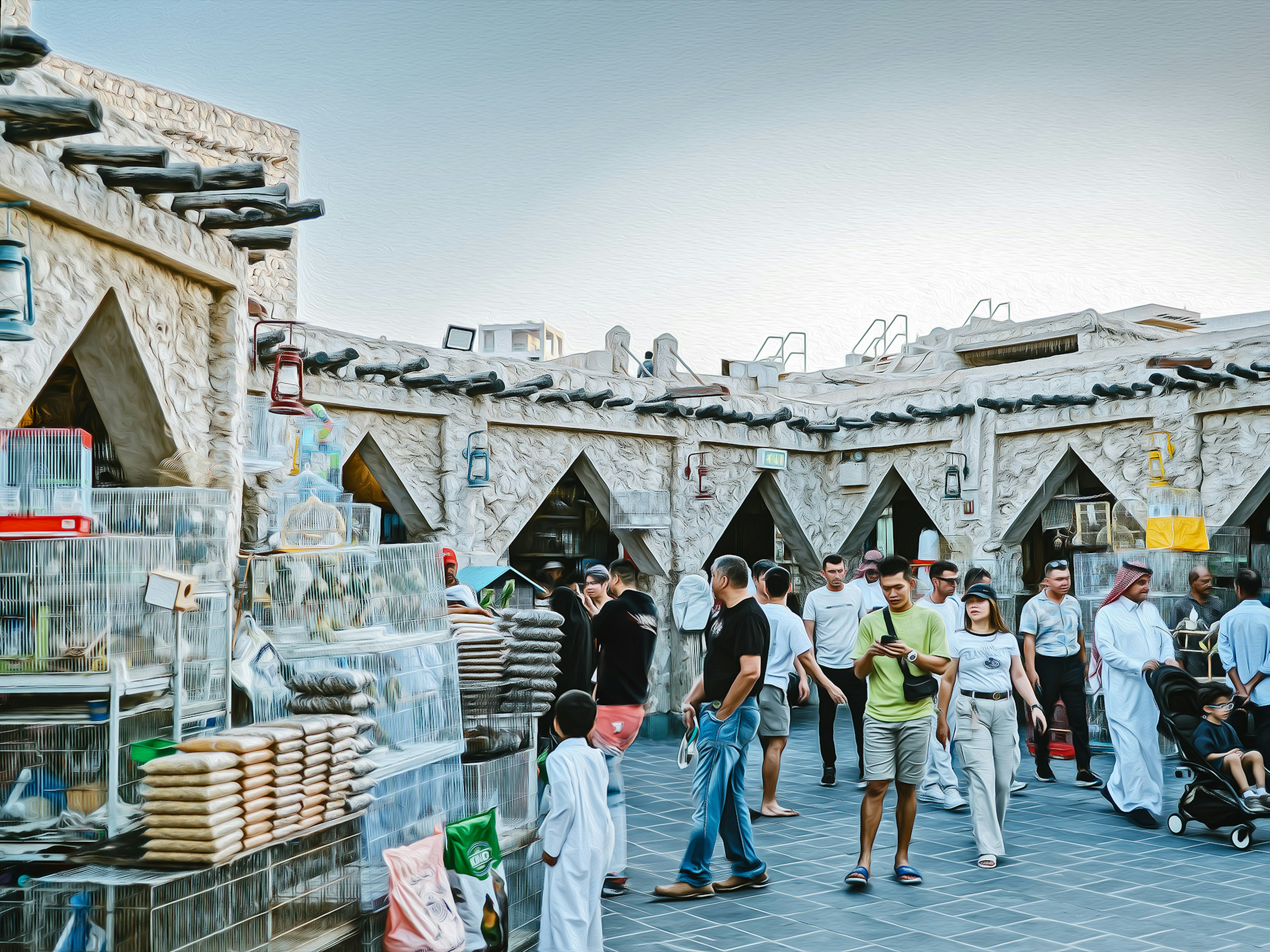 Des touristes explorant un marché animé avec une architecture traditionnelle