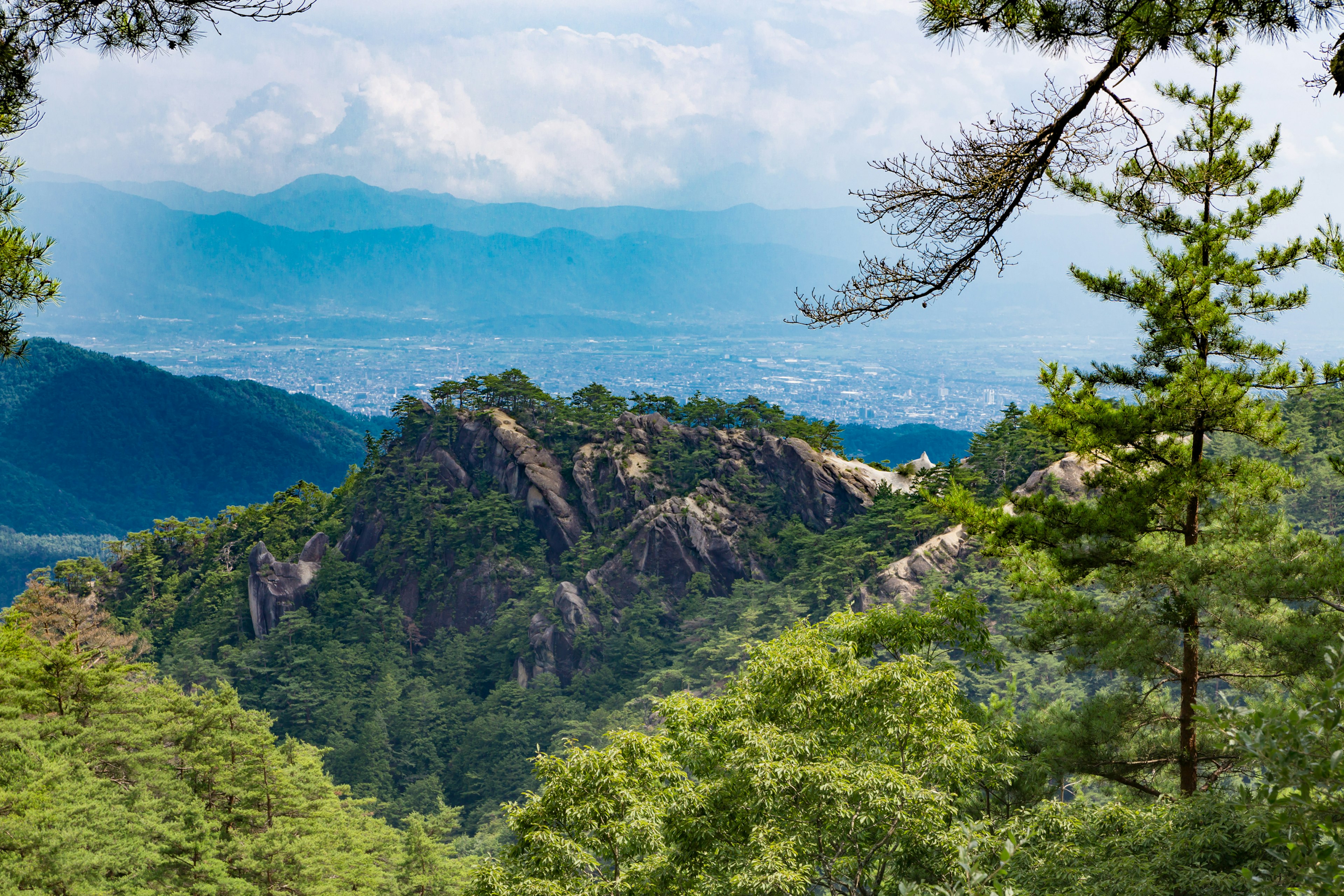 山脈和綠樹的風景，遠處有城市