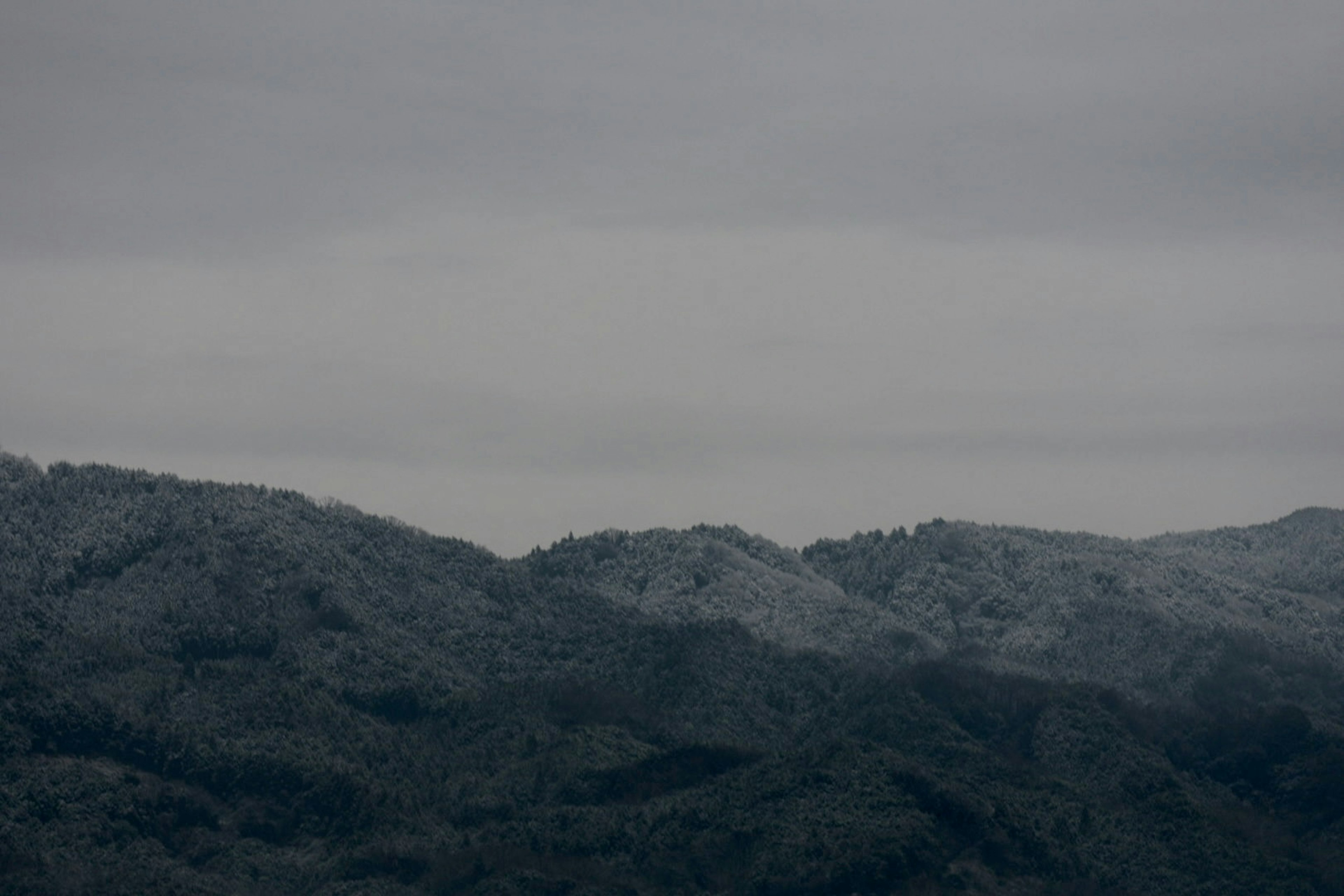 Snow-covered mountains under a gray sky