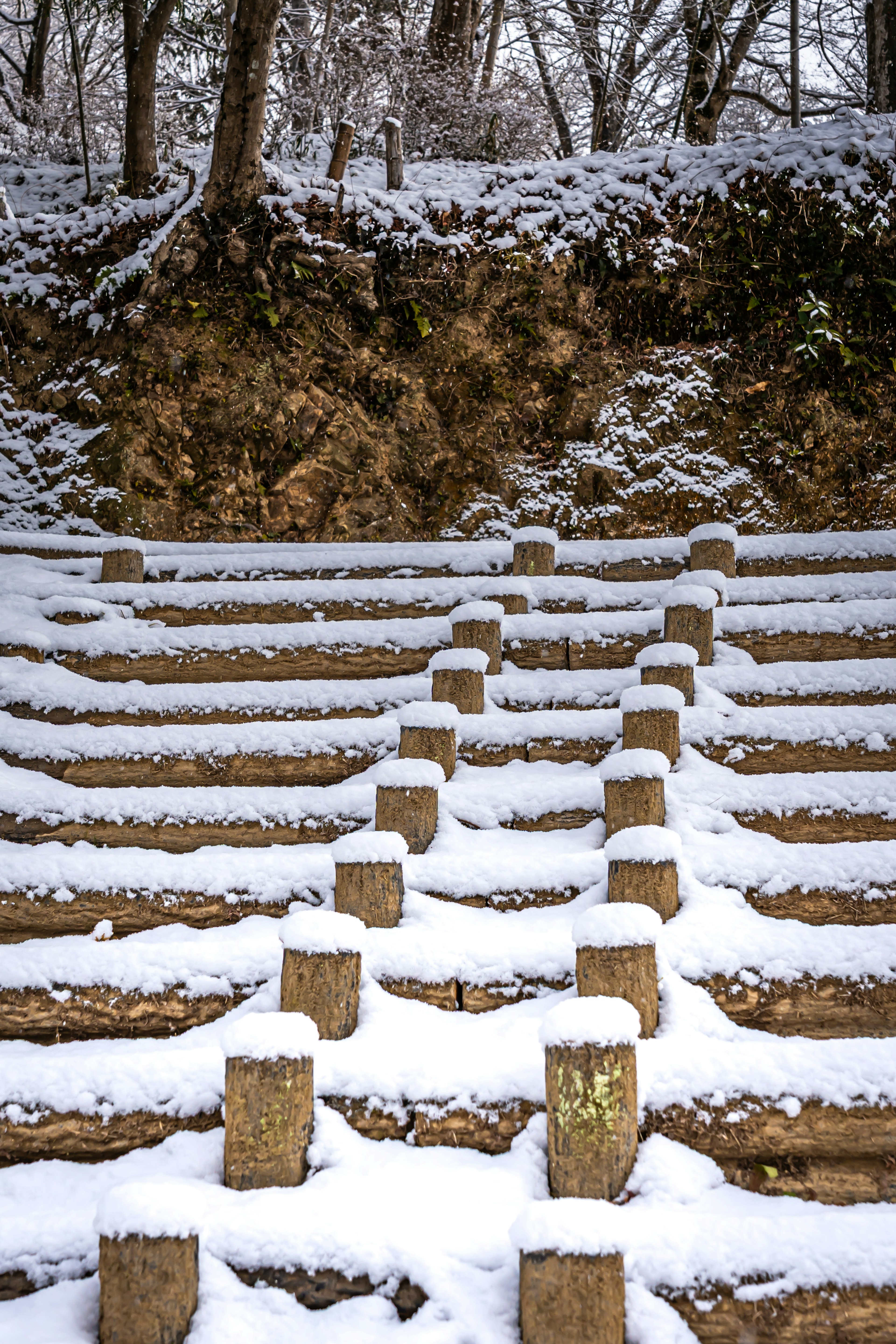 Scale di pietra coperte di neve disposte a gradini