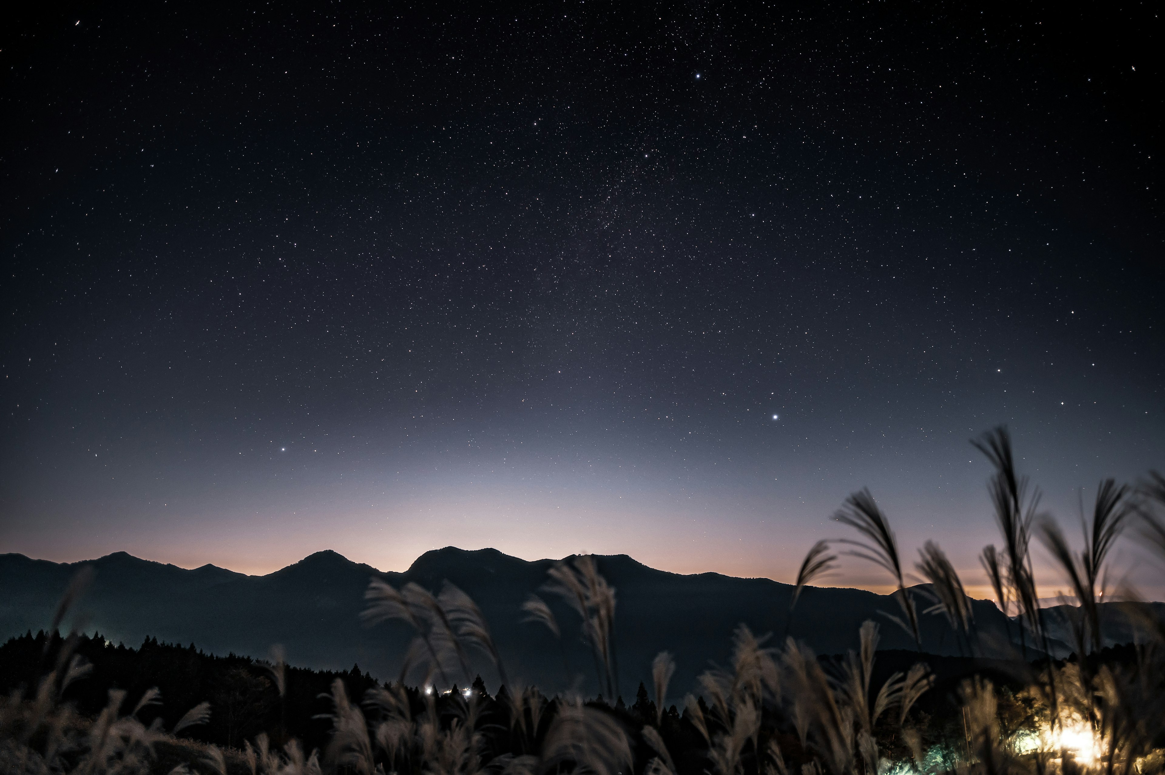 Ciel étoilé nocturne sur un paysage de montagne avec de l'herbe