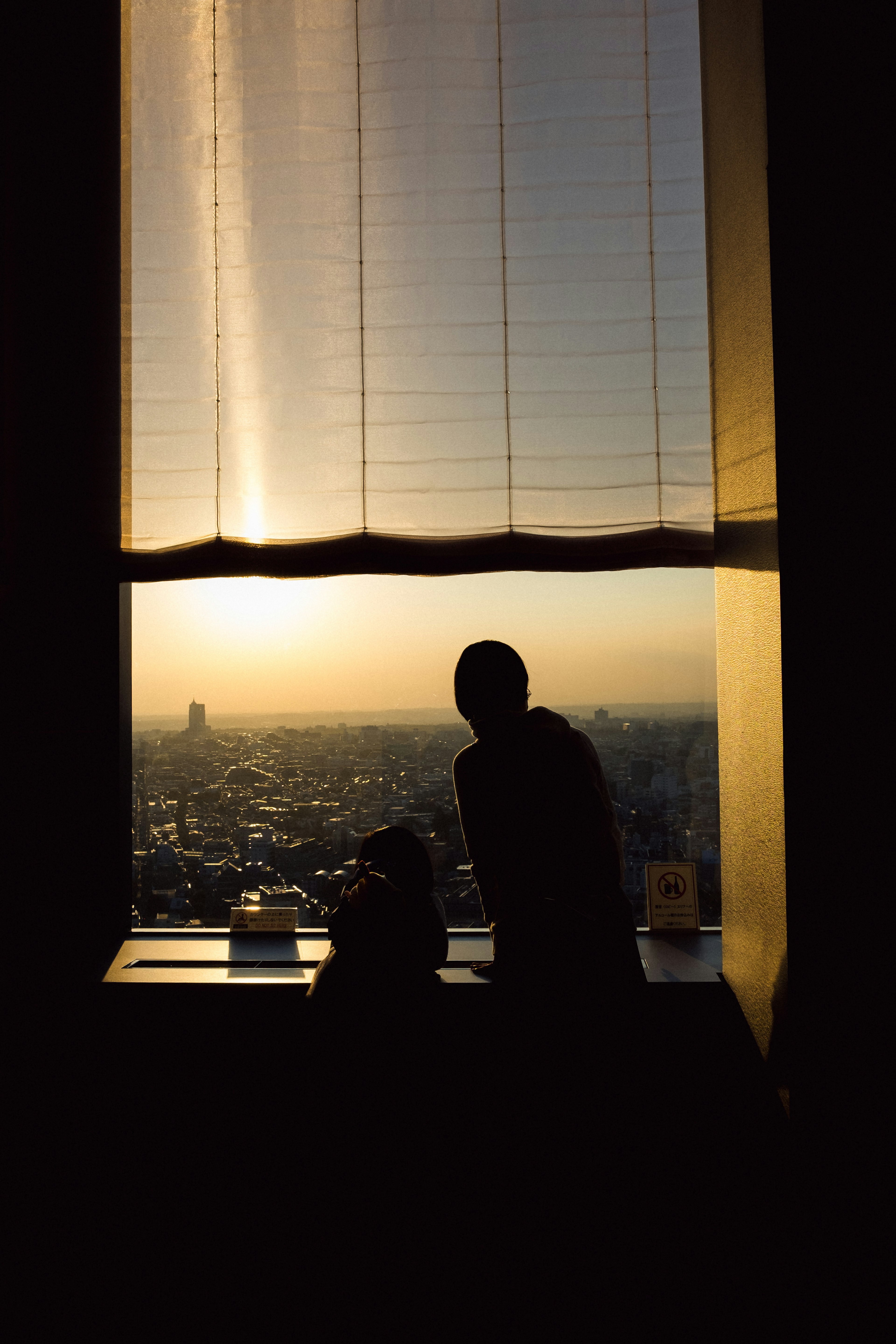 Silhouette of a person by a window with sunset in the background