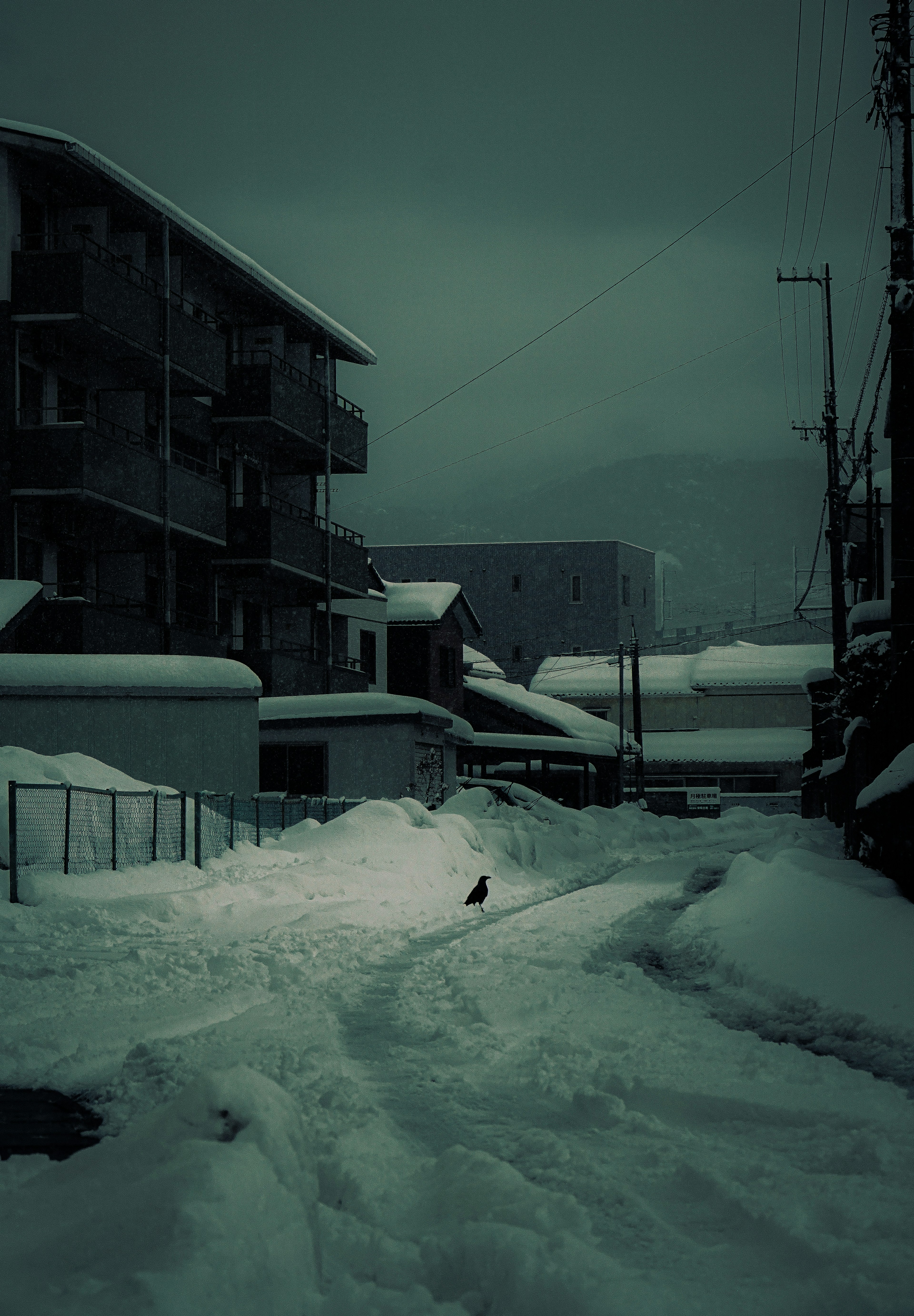 Escena oscura de una calle nevada y edificios