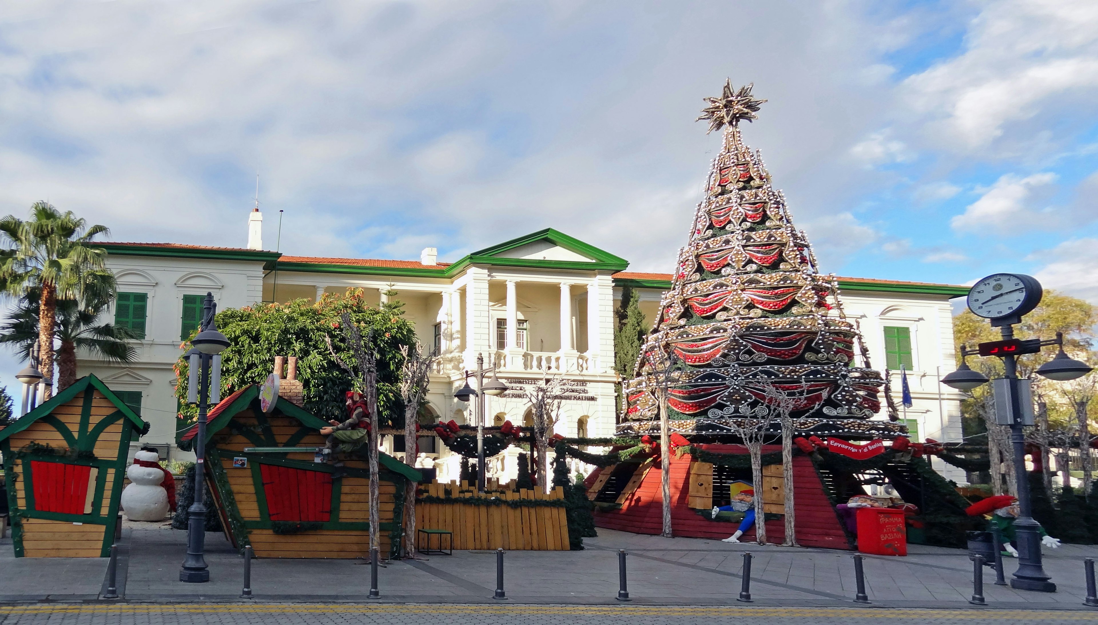 Christmas tree and decorations in a festive plaza