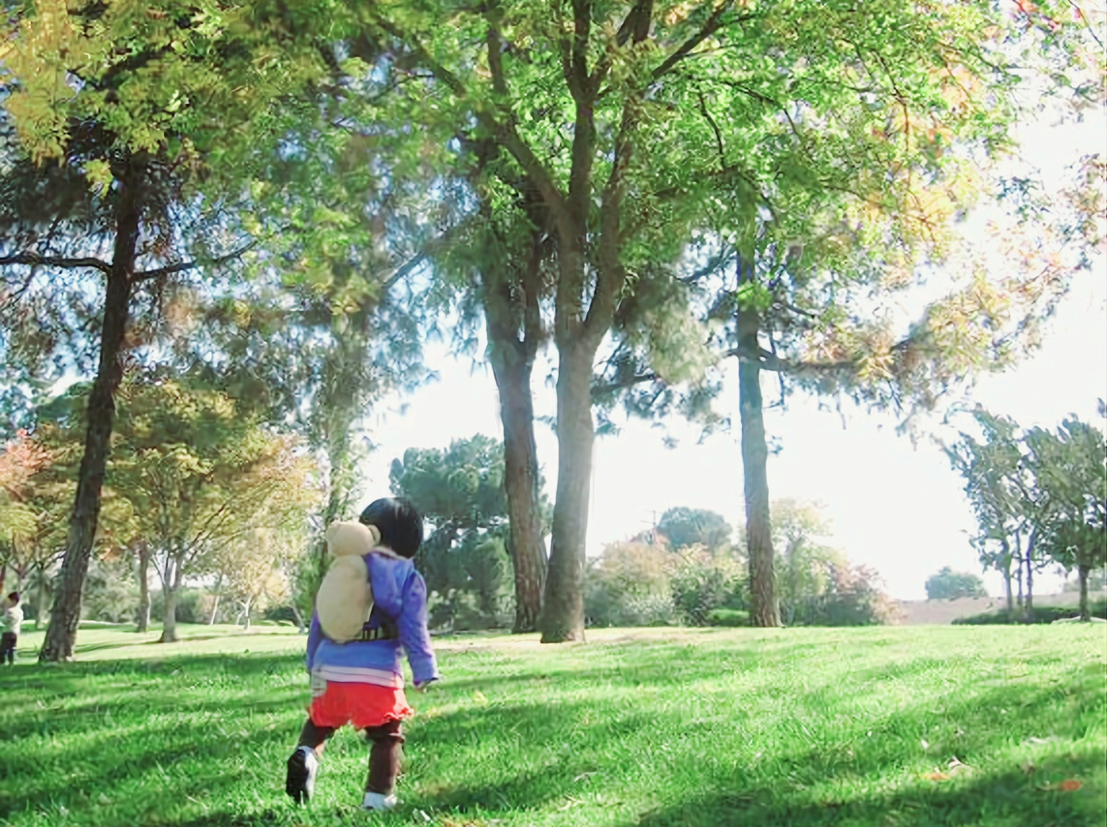 A child walking on green grass wearing a backpack in a sunny park