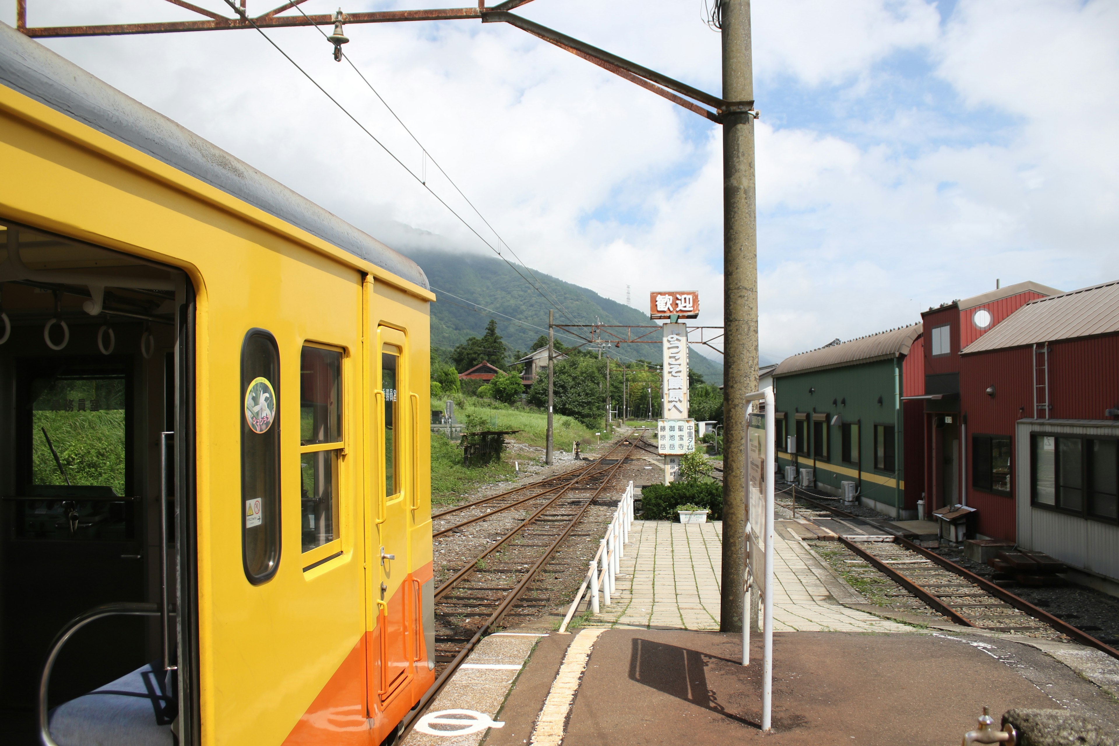 山の背景を持つカラフルな電車と駅の風景