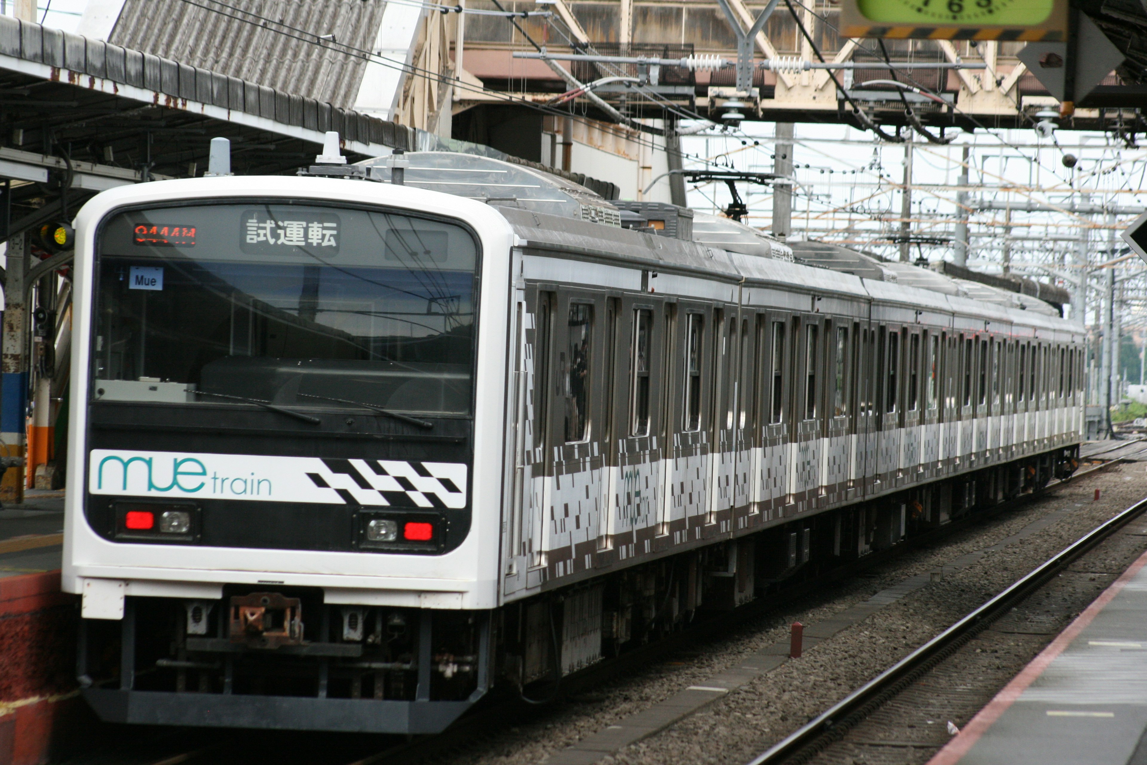 Tren blanco y negro en una estación