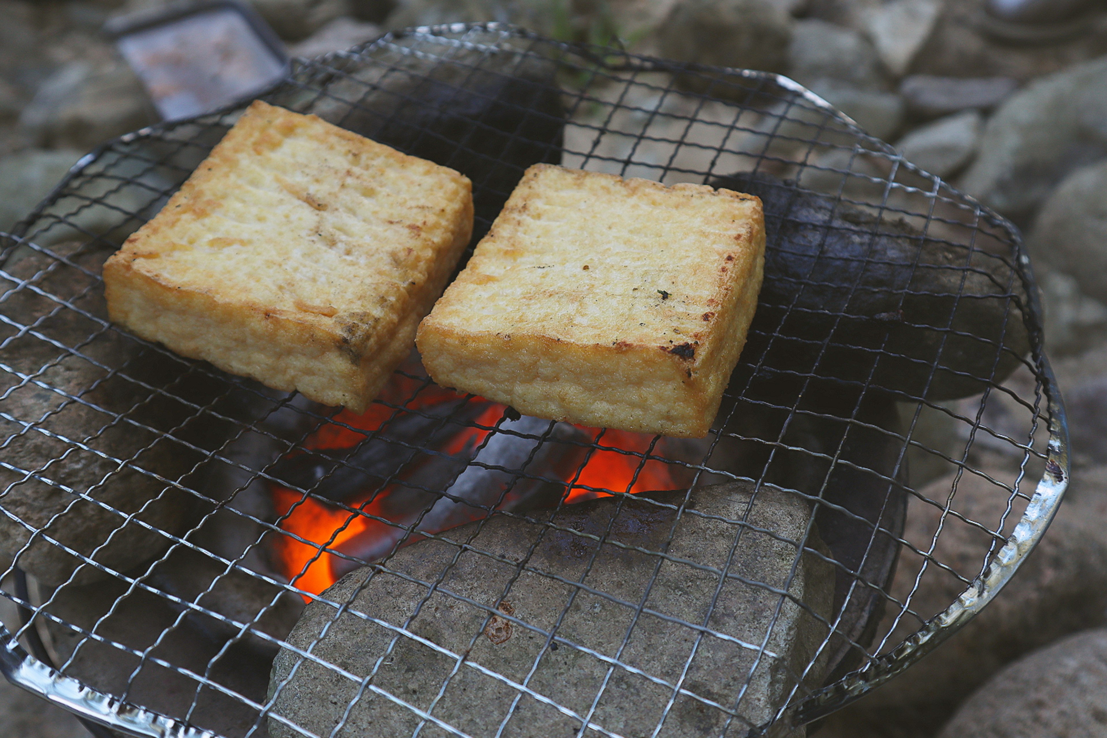 Dos bloques de tofu asándose sobre brasas calientes