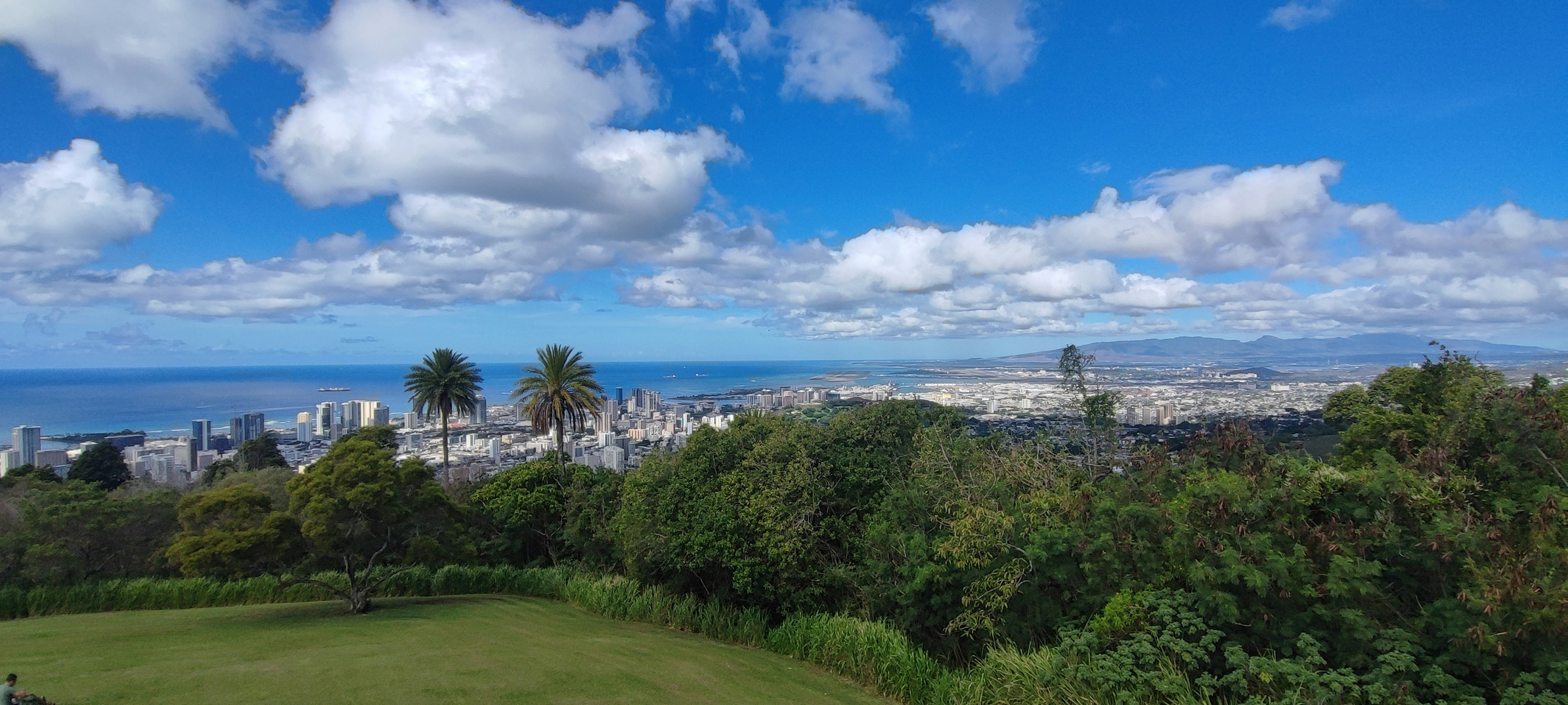 Panoramablick auf Hawaii mit blauem Himmel und Wolken üppigem Grün und Ozean