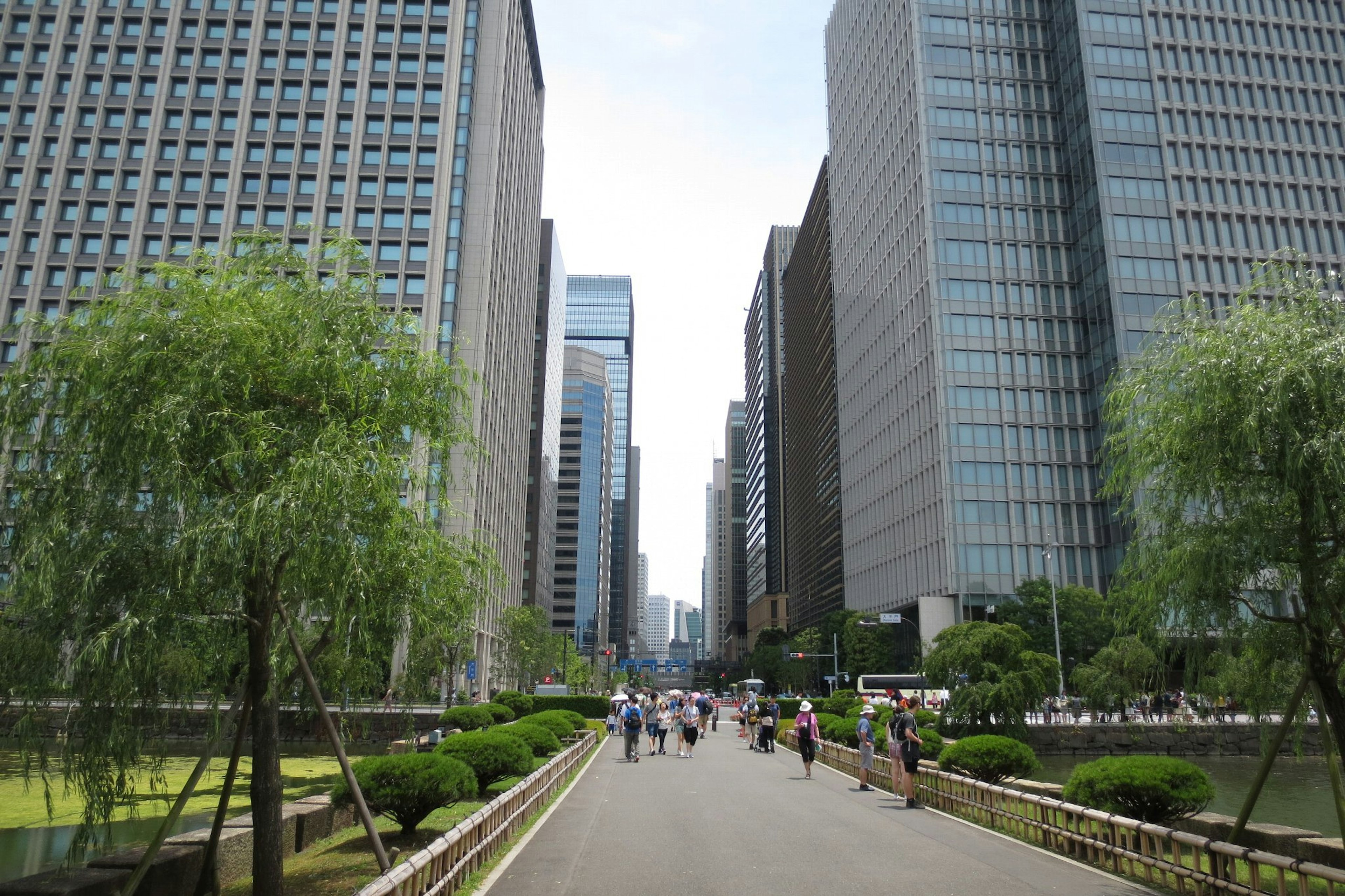 Urban street with people walking surrounded by tall buildings