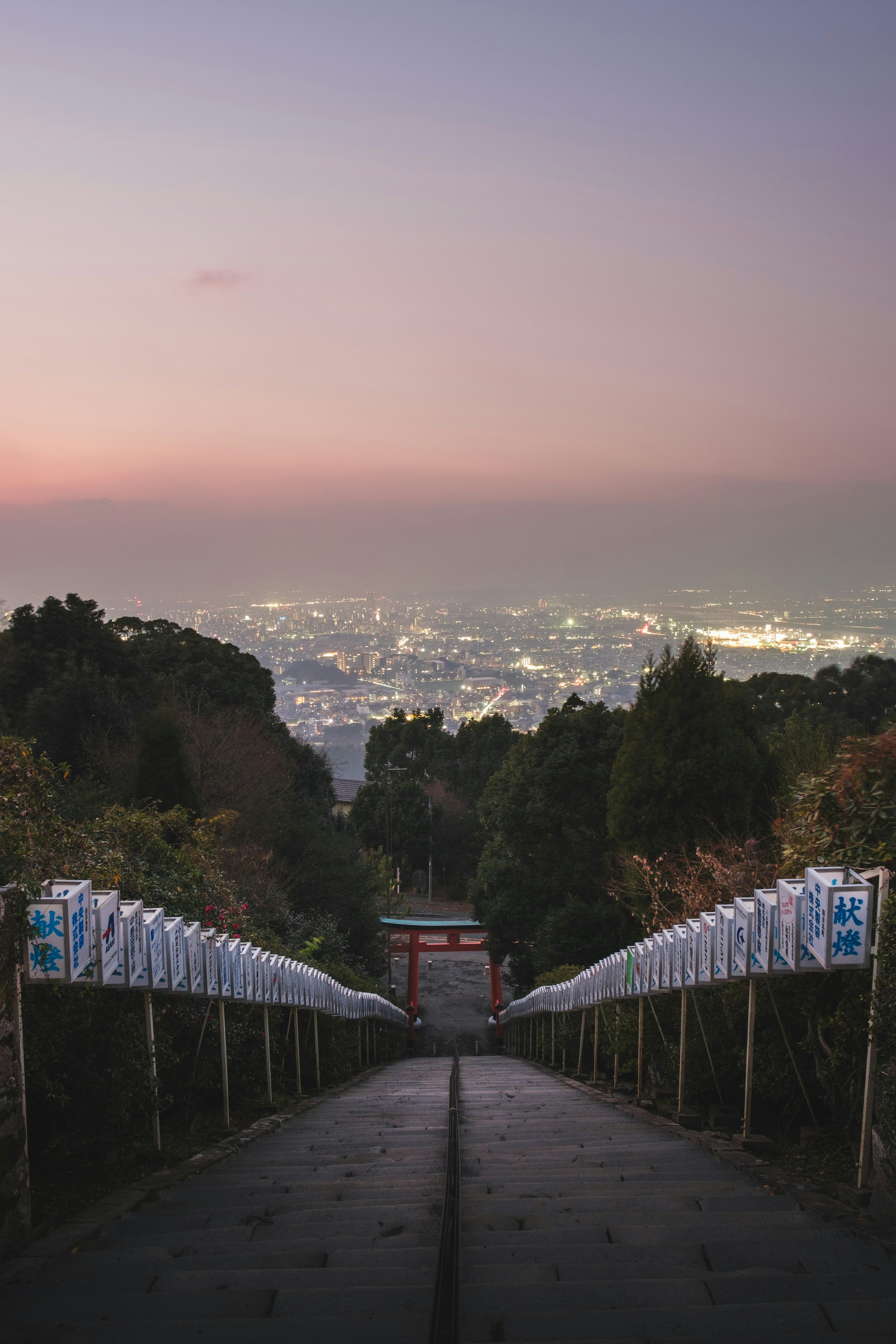 Vista escénica de los escalones que llevan a un torii al anochecer