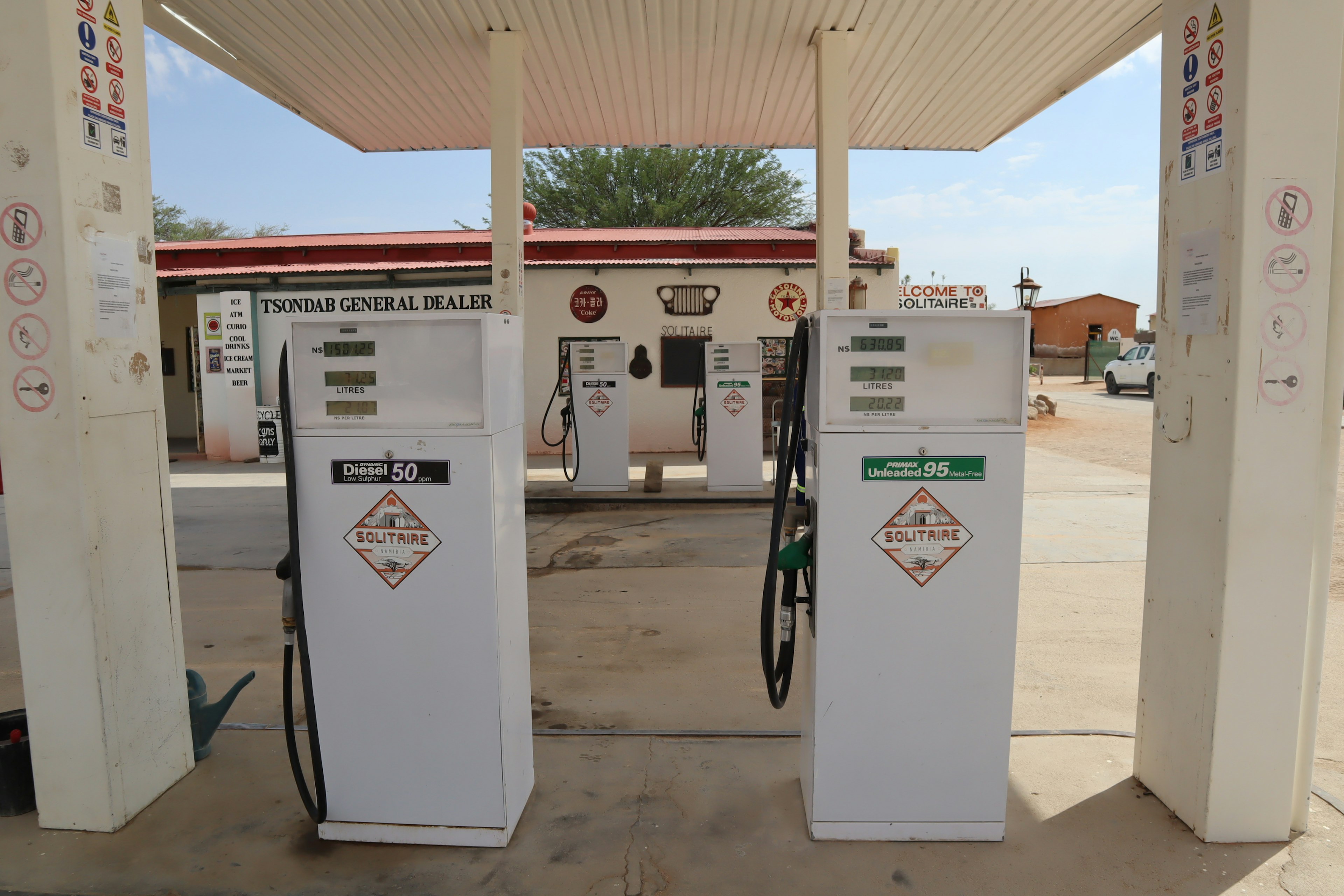 View of fuel pumps at a gas station