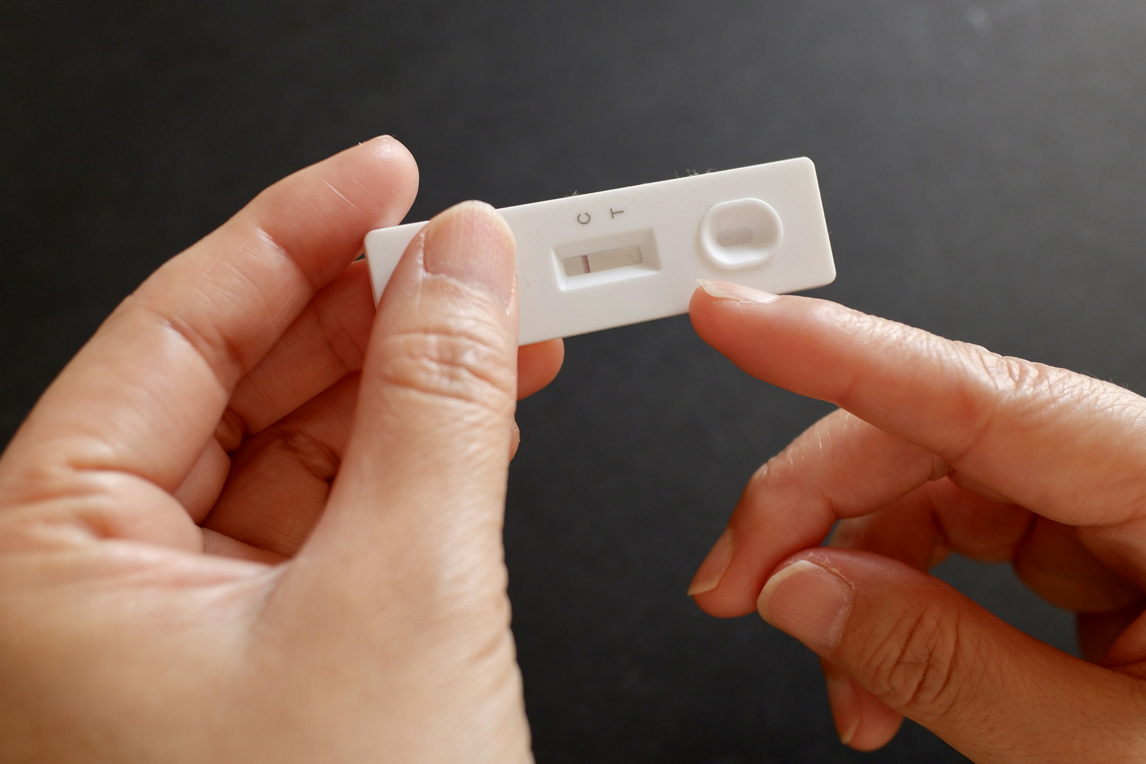 Test plate of a white testing kit held in hand