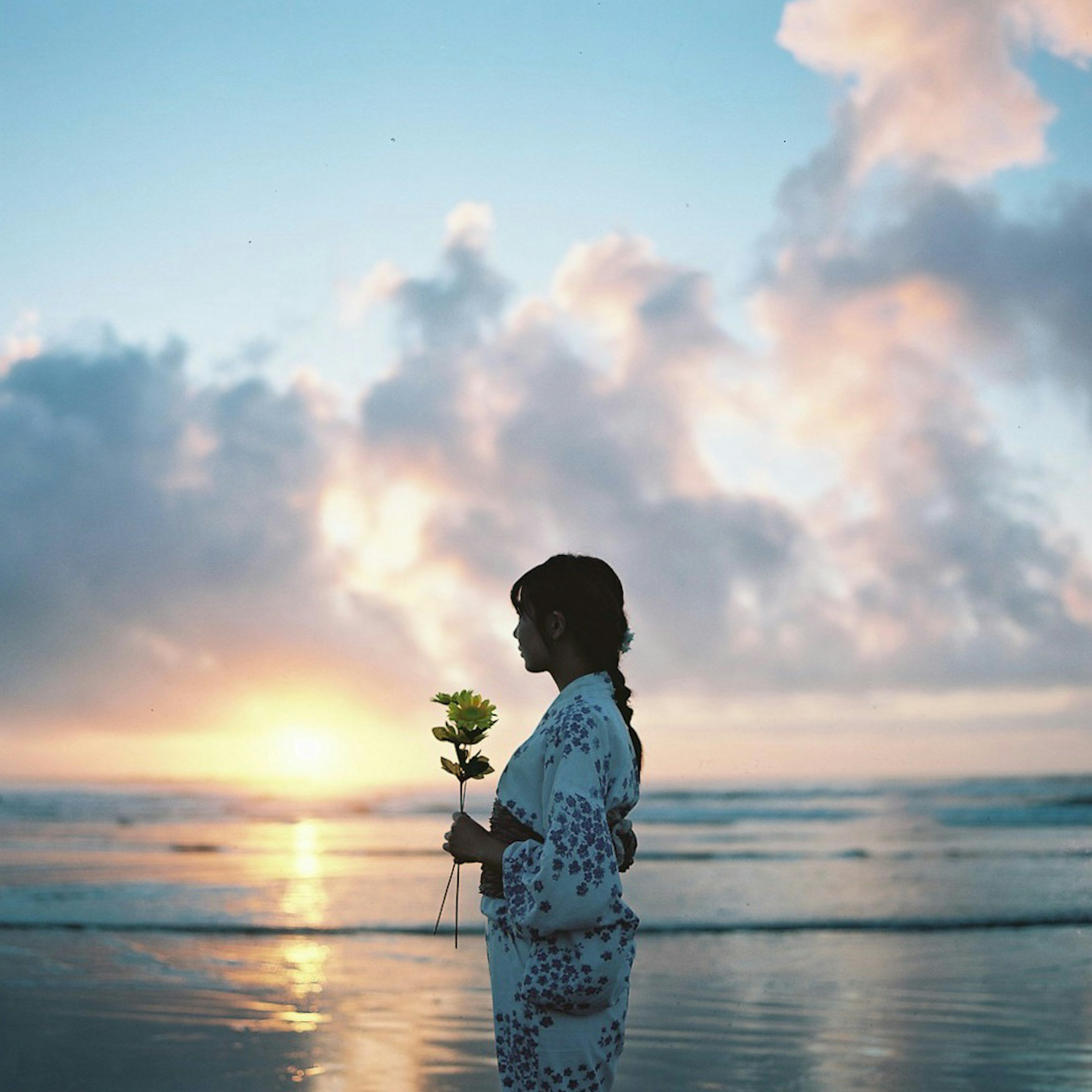 海辺で花を持つ女性のシルエットと美しい夕日