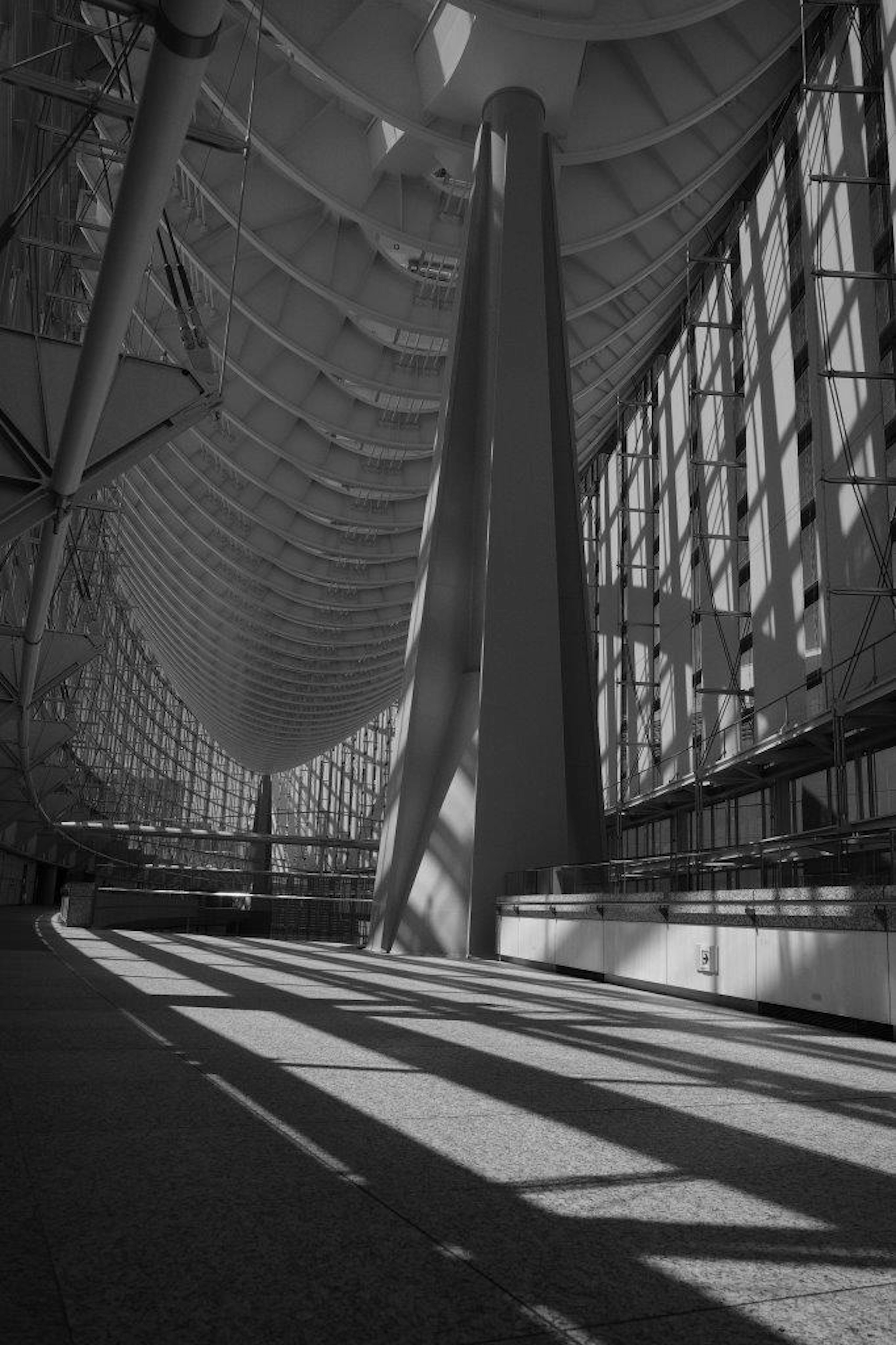 Intérieur moderne en noir et blanc avec de grandes colonnes et un plafond courbé projetant de longues ombres au sol