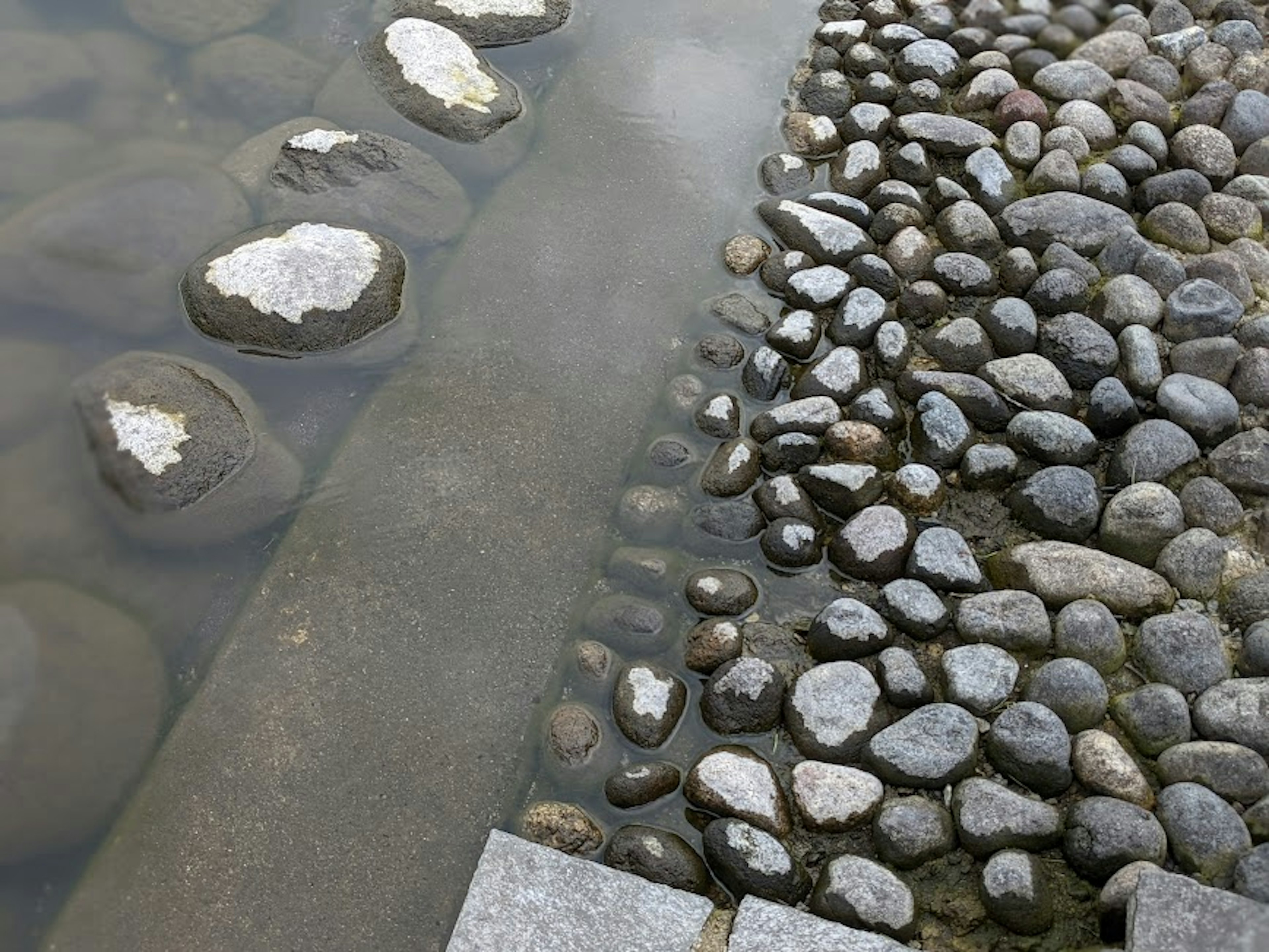 Muster von Steinen am Wasser mit sanft fließendem Wasser