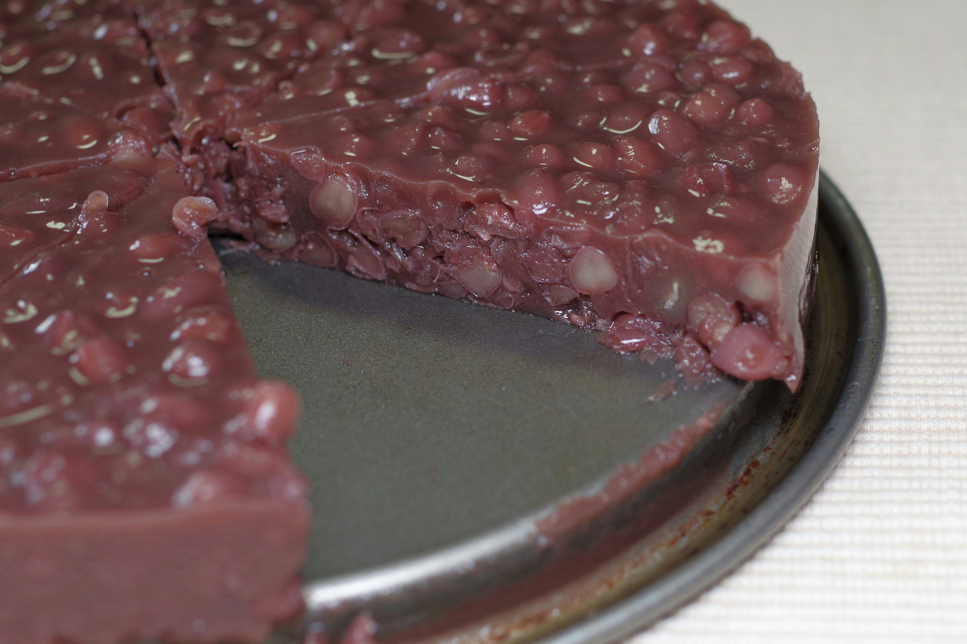 Red bean cake sliced revealing its texture