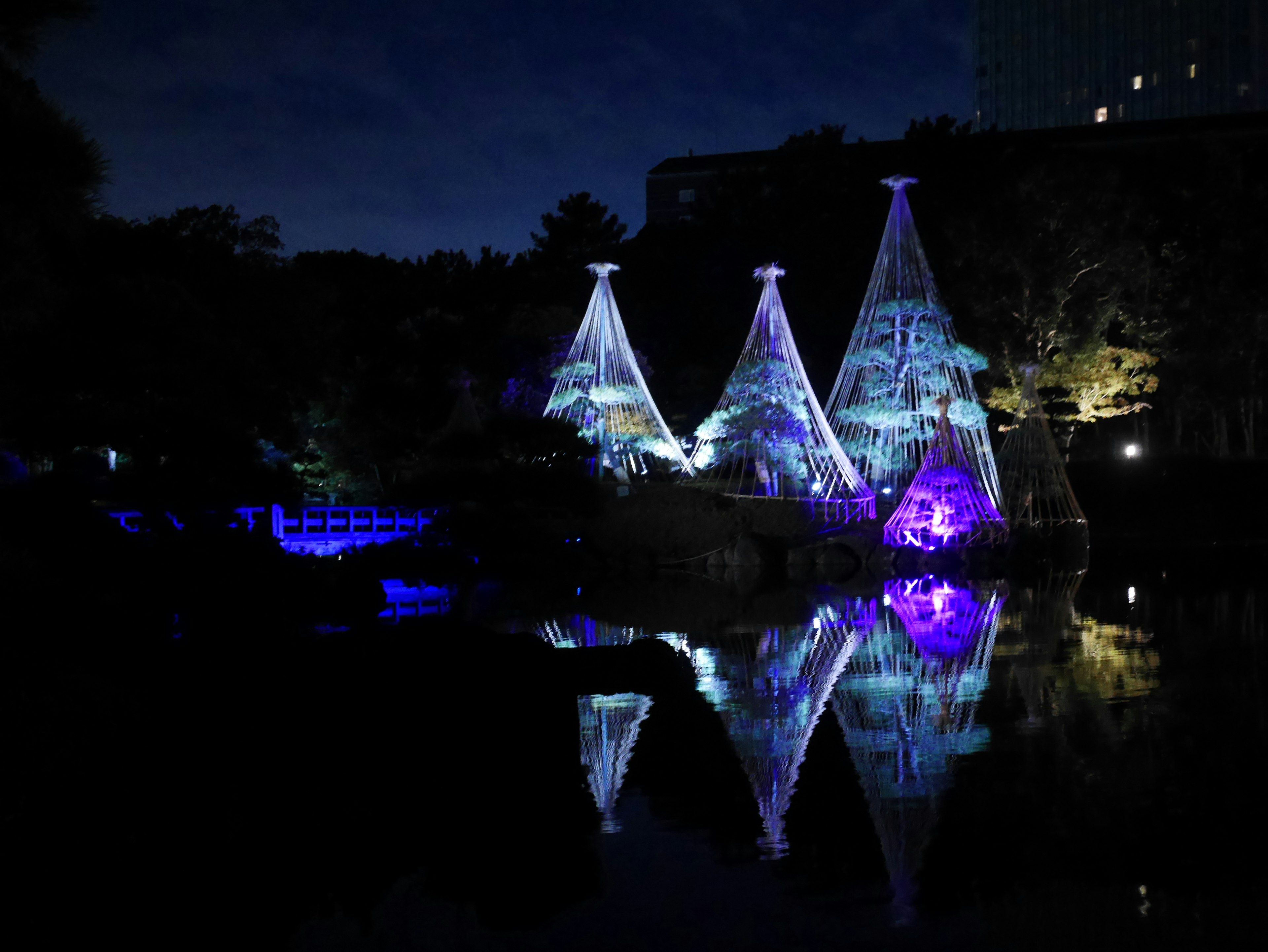 夜の公園で青と紫のライトに照らされた三角形のテントが水面に映る